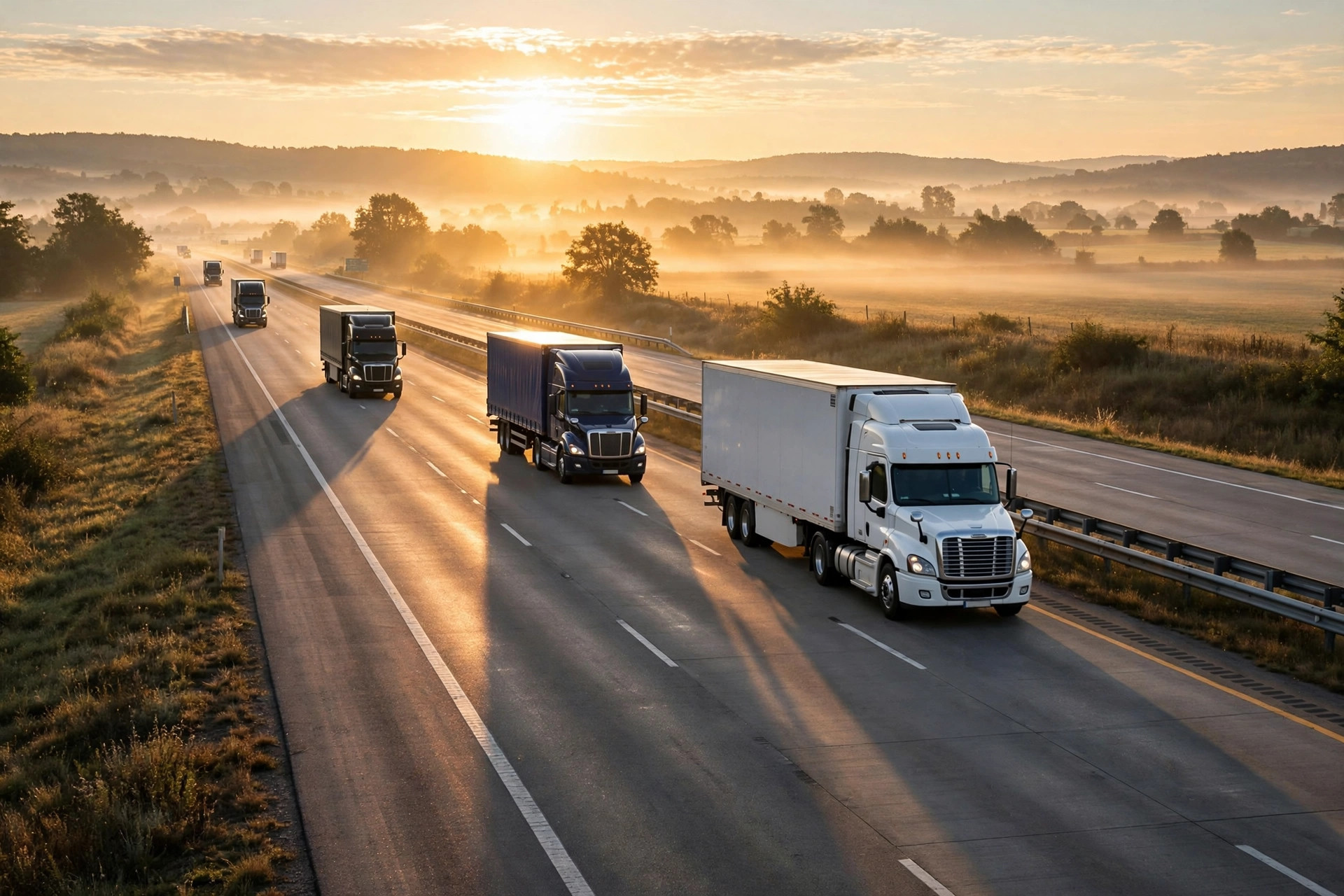 Semi trucks on a highway at sunrise