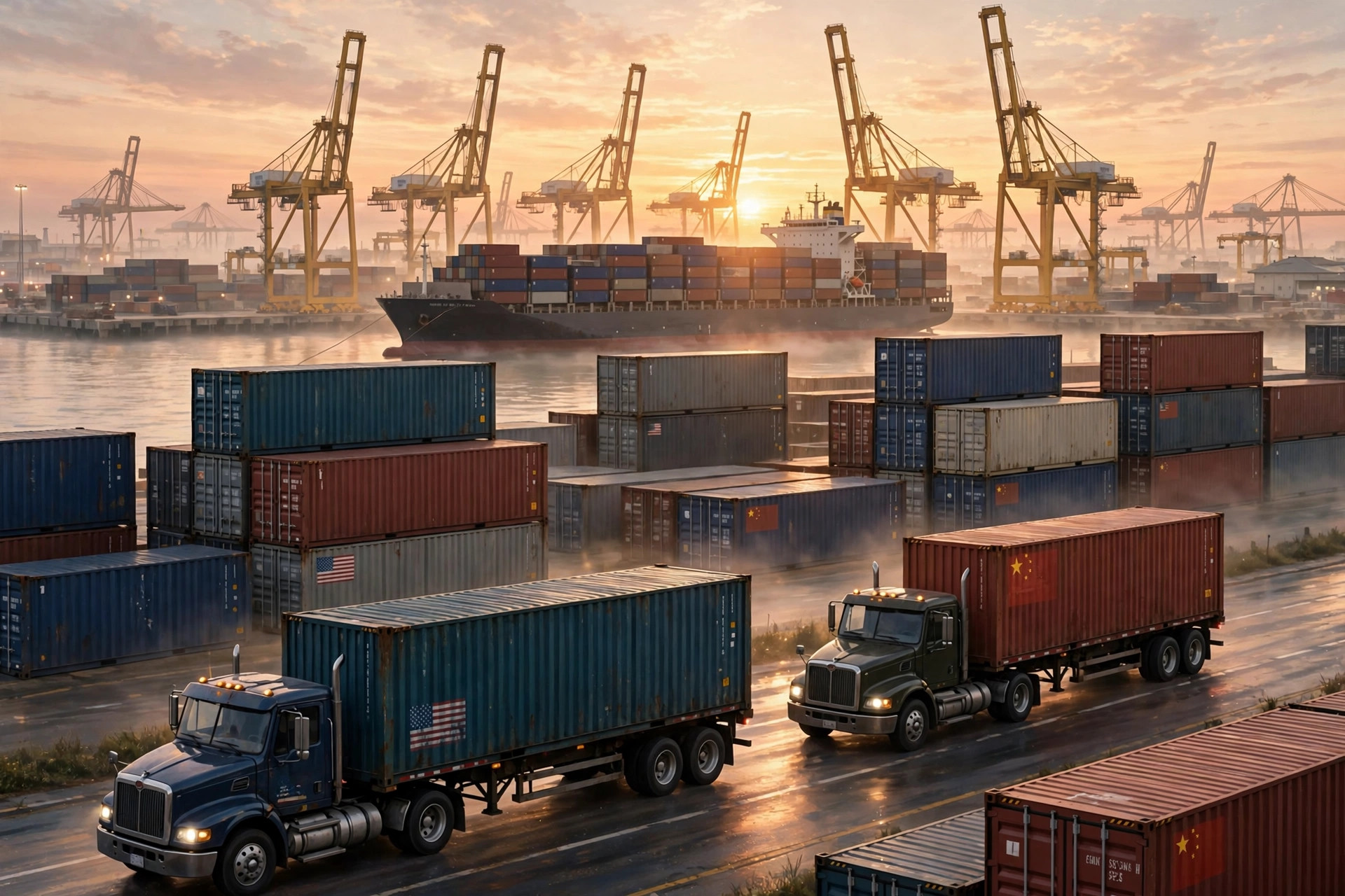 Shipping containers and semi trucks at a busy port with American and Chinese flags