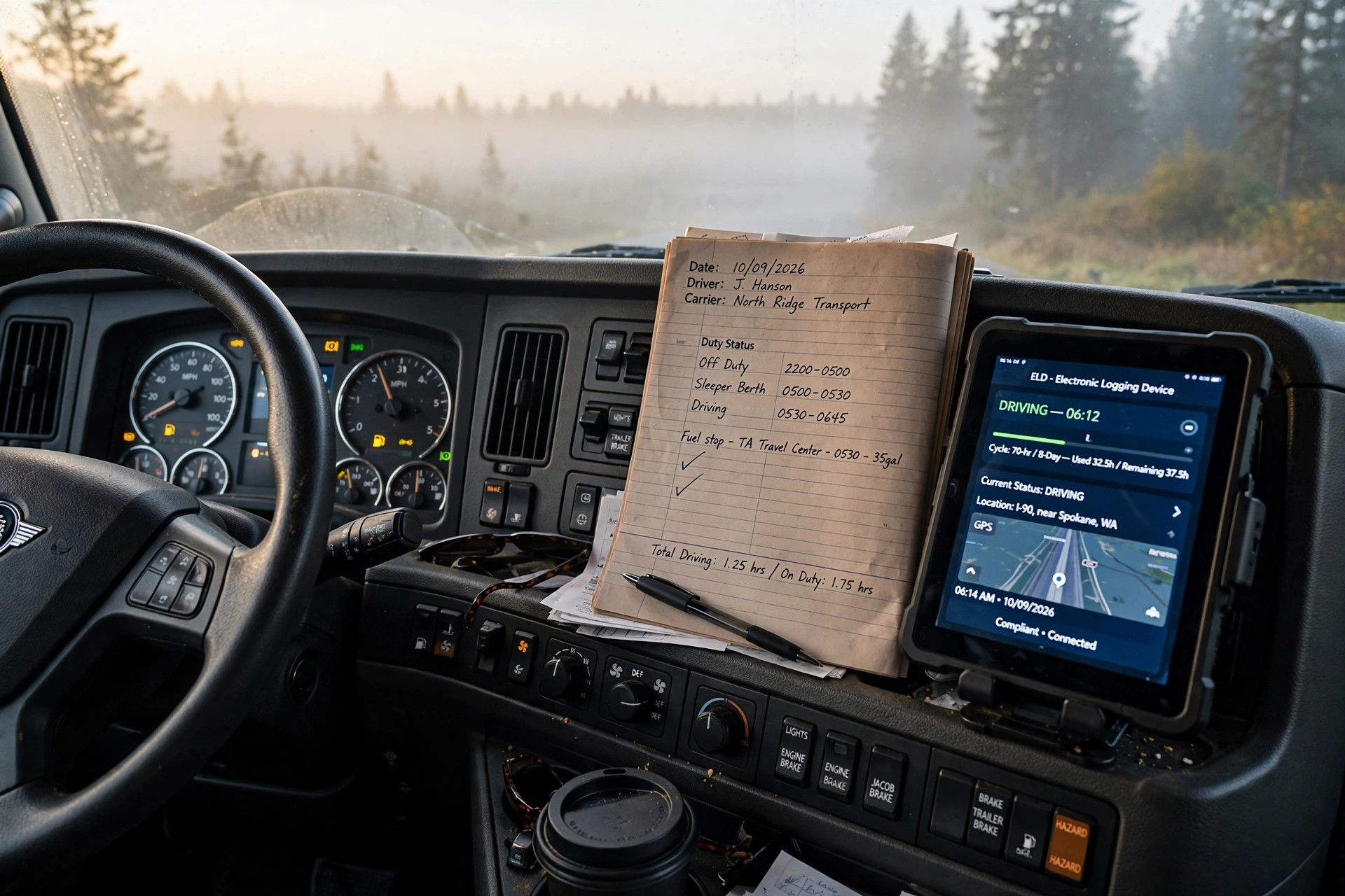 A semi truck cab dashboard with a paper logbook beside a glowing electronic logging device screen