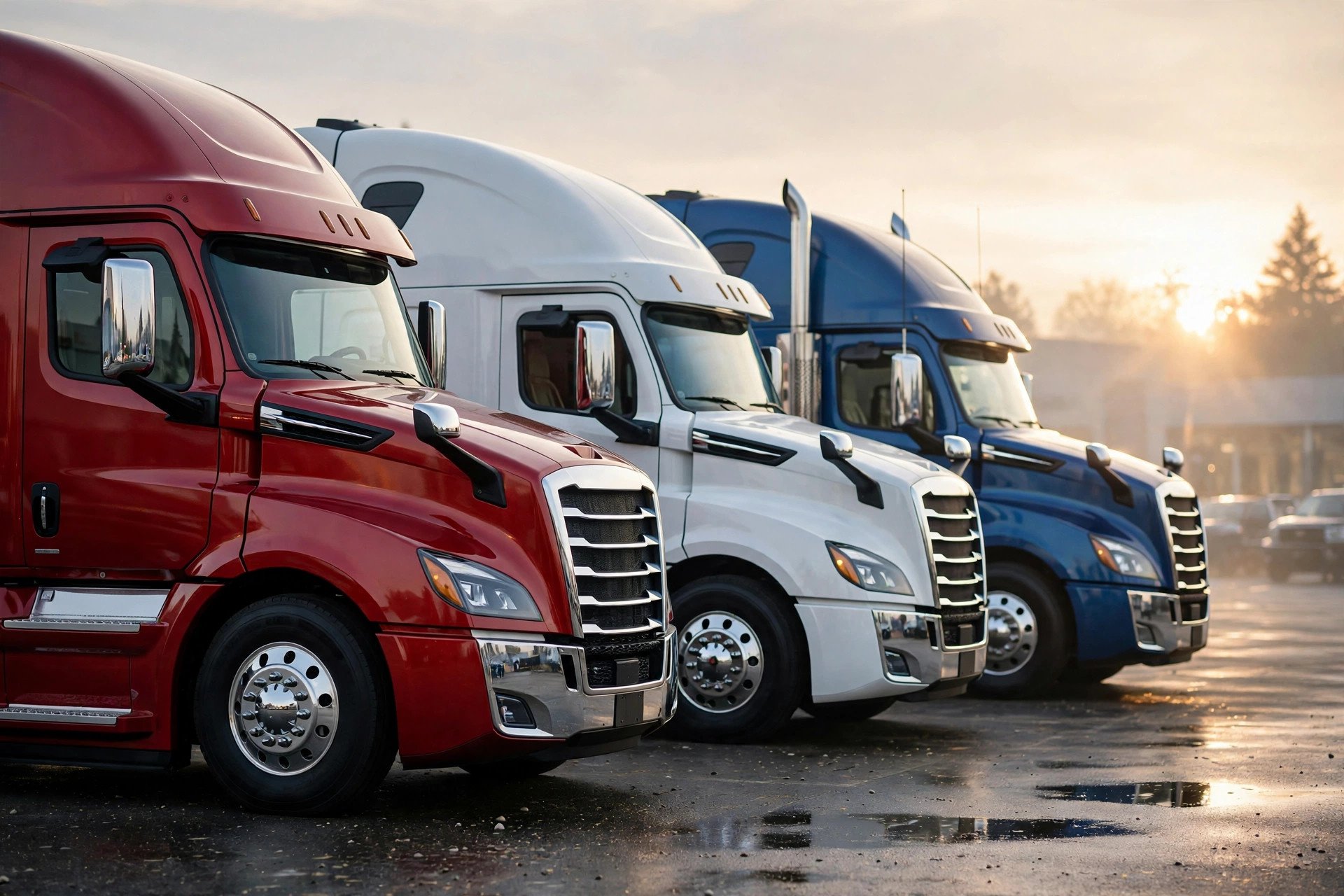 A row of brand-new 2027 model-year Class 8 semi trucks lined up on a dealership lot at sunrise