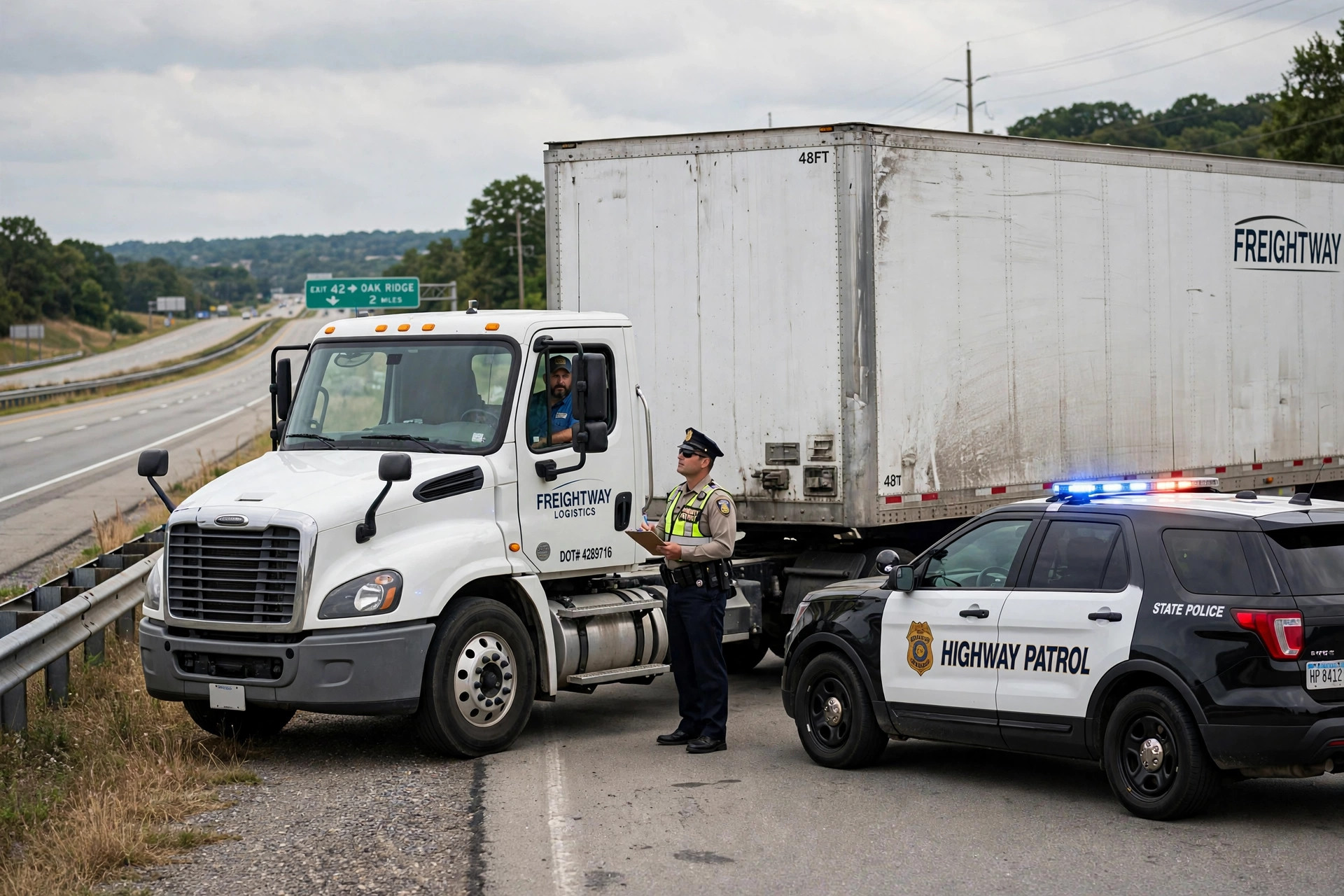 A commercial vehicle pulled over by a highway patrol officer during a roadside inspection