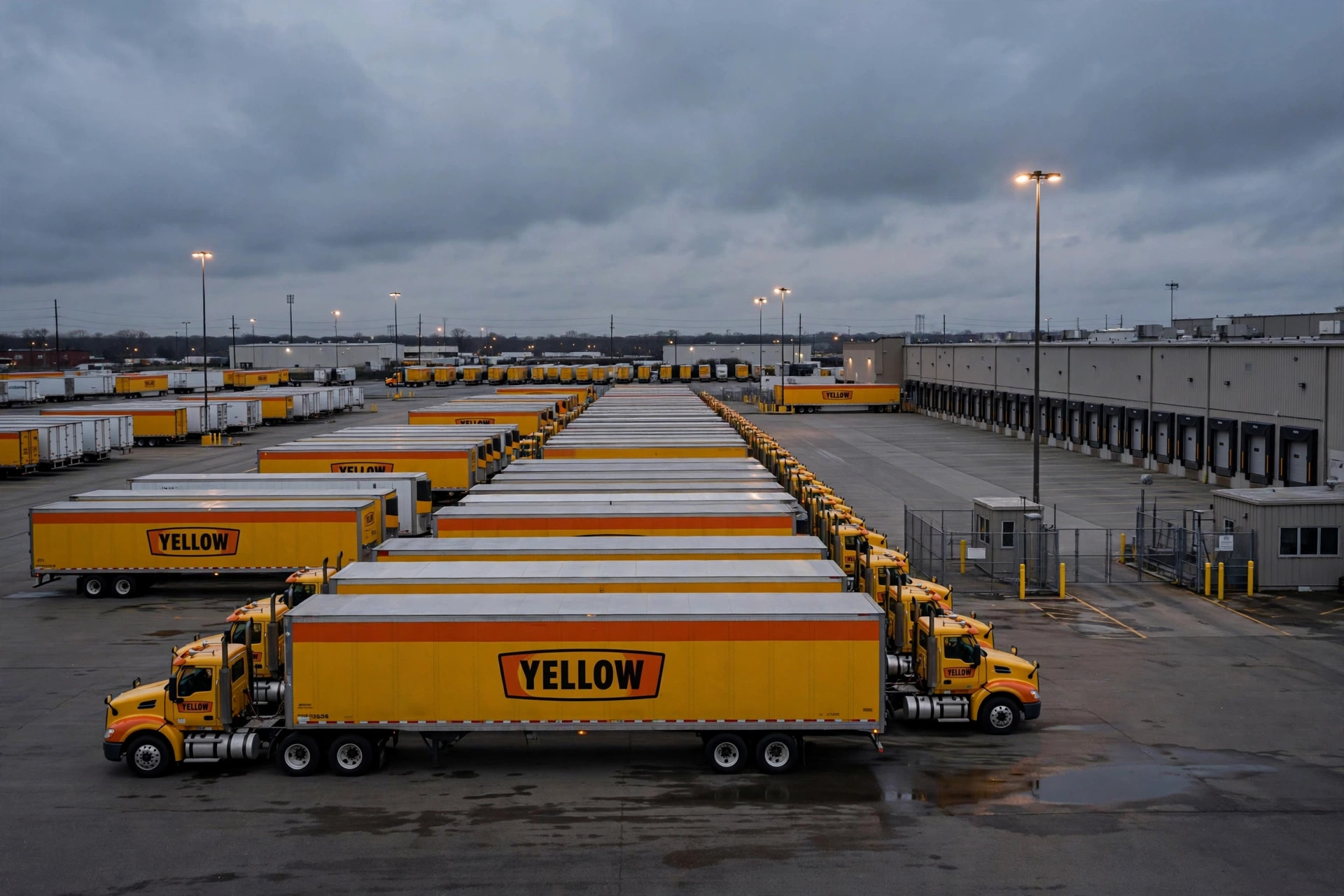 Parked Yellow Corporation tractors and trailers lined up at a freight terminal at dusk