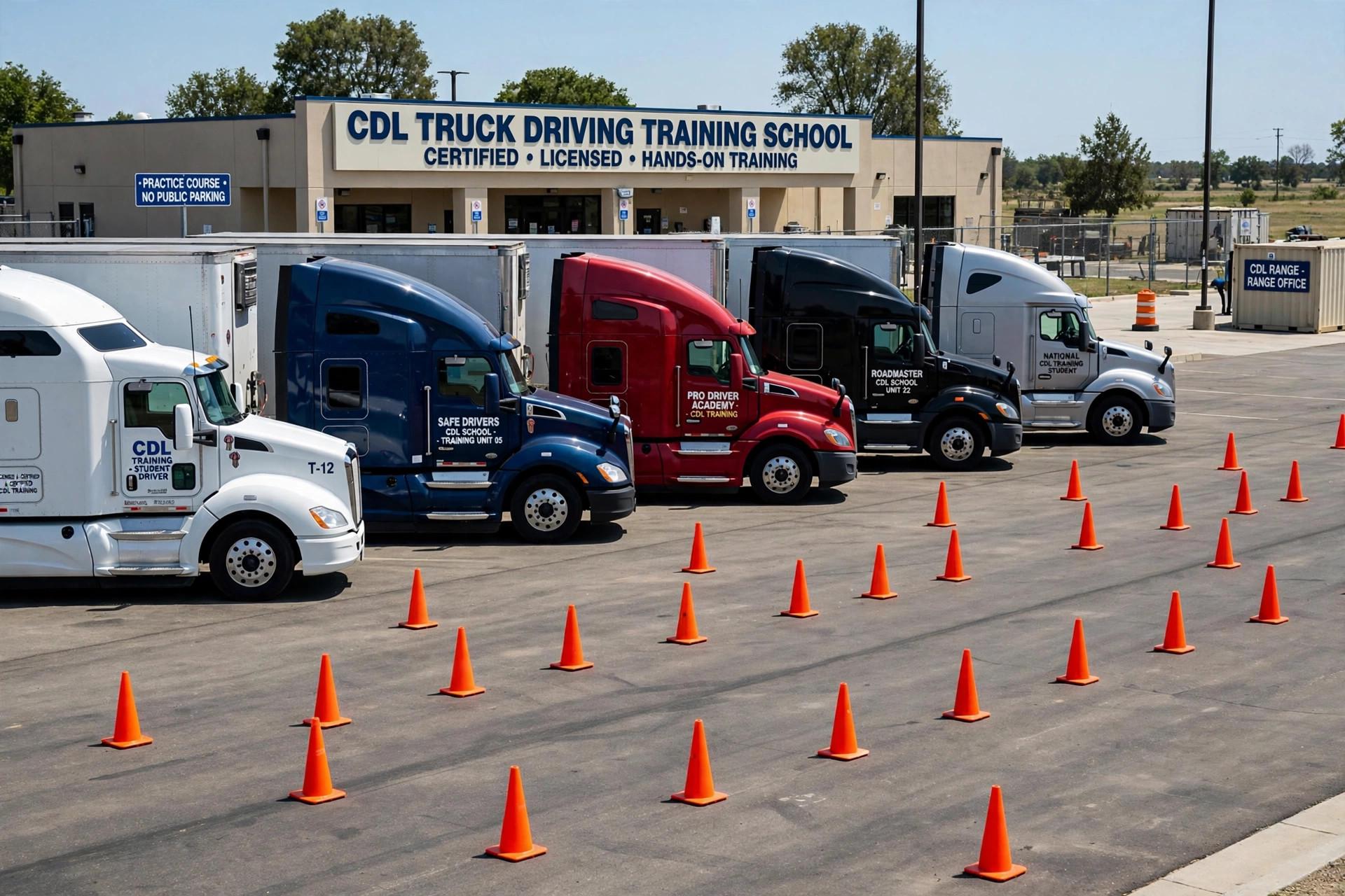 A row of semi trucks at a CDL training school with cones on a practice course