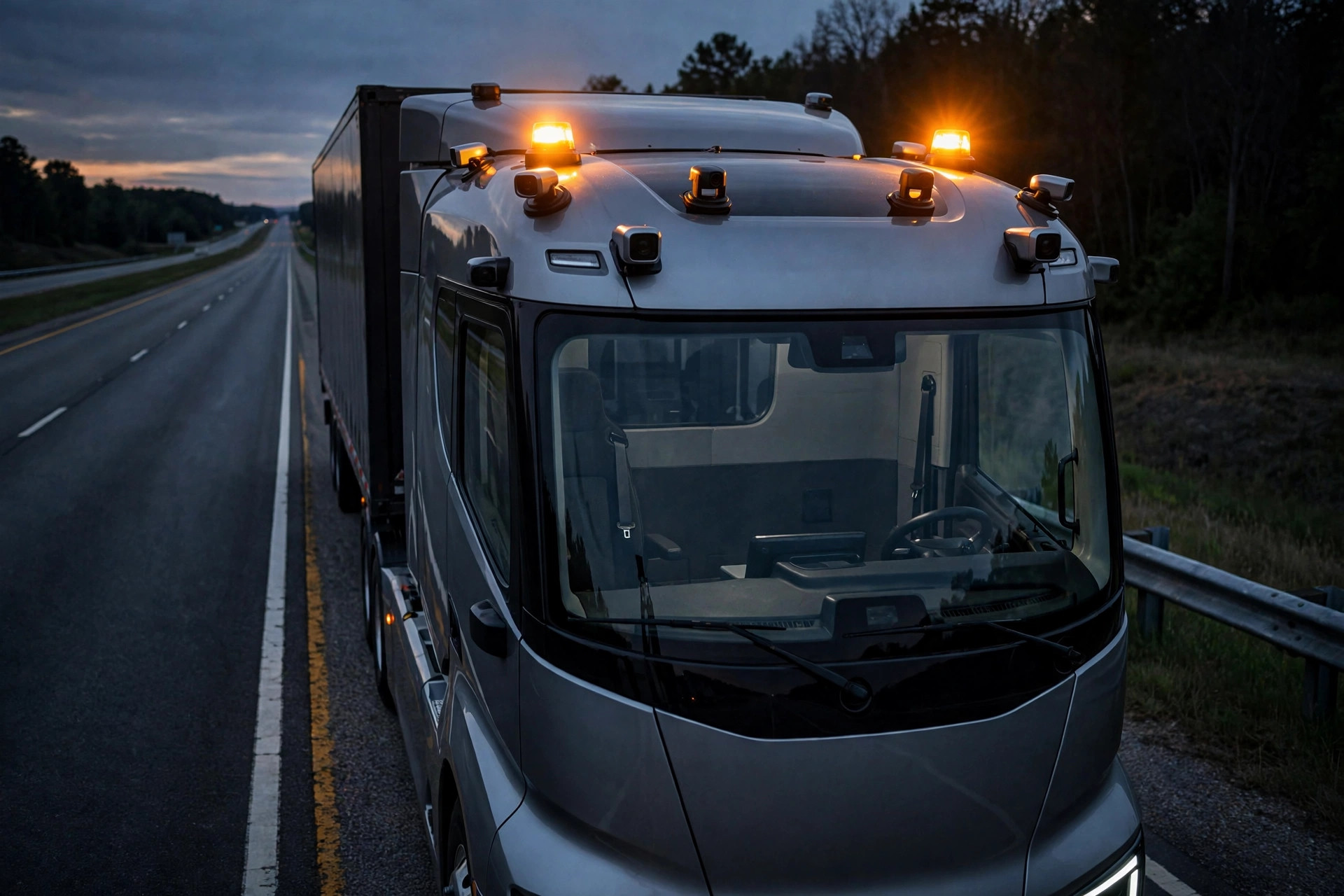 A driverless semi truck stopped on a highway shoulder at dusk with amber warning beacons flashing on the cab
