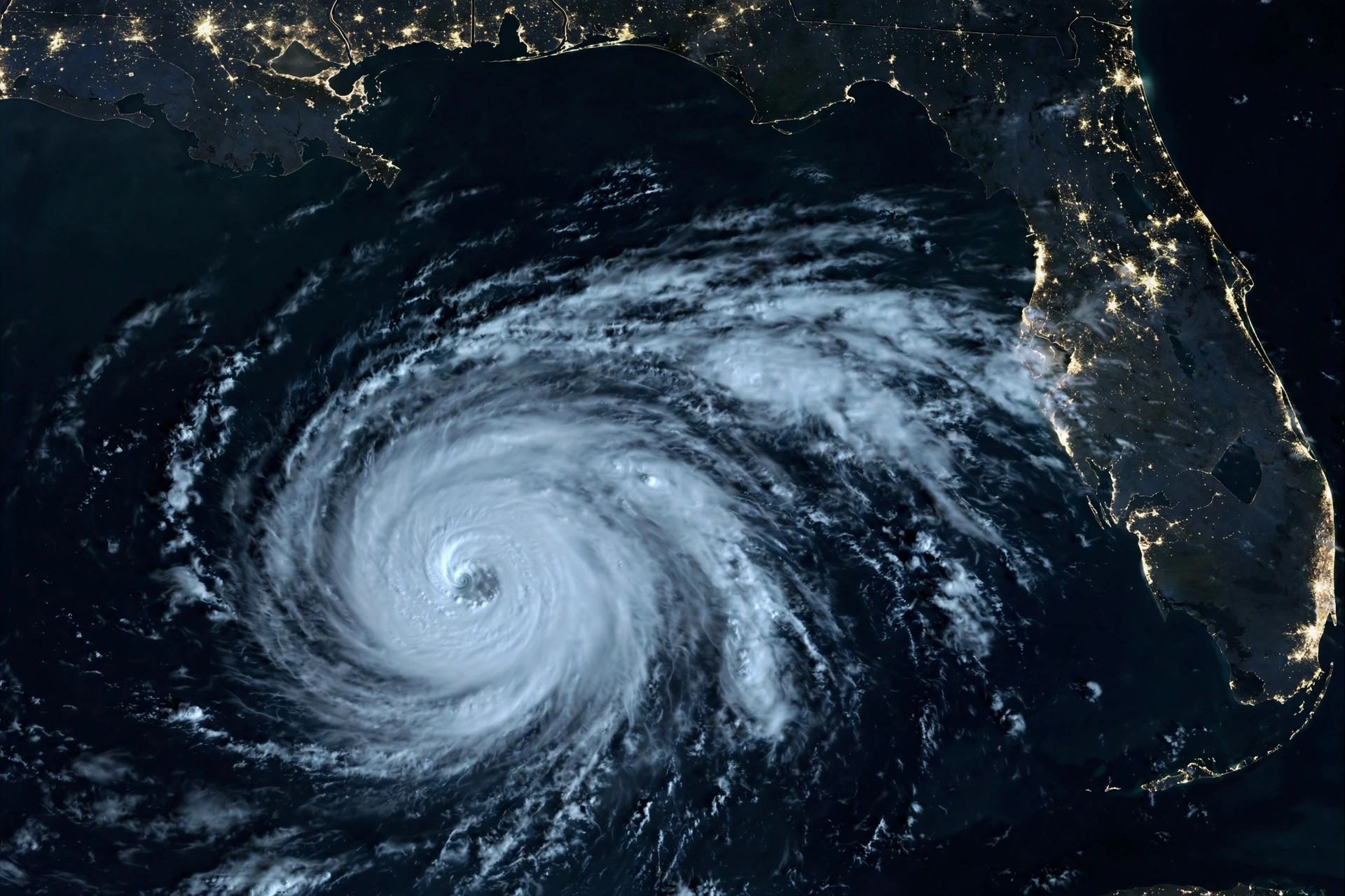 Satellite-style view of Hurricane Isaias spinning over the Gulf of Mexico, aimed at the Florida-Alabama coastline at night