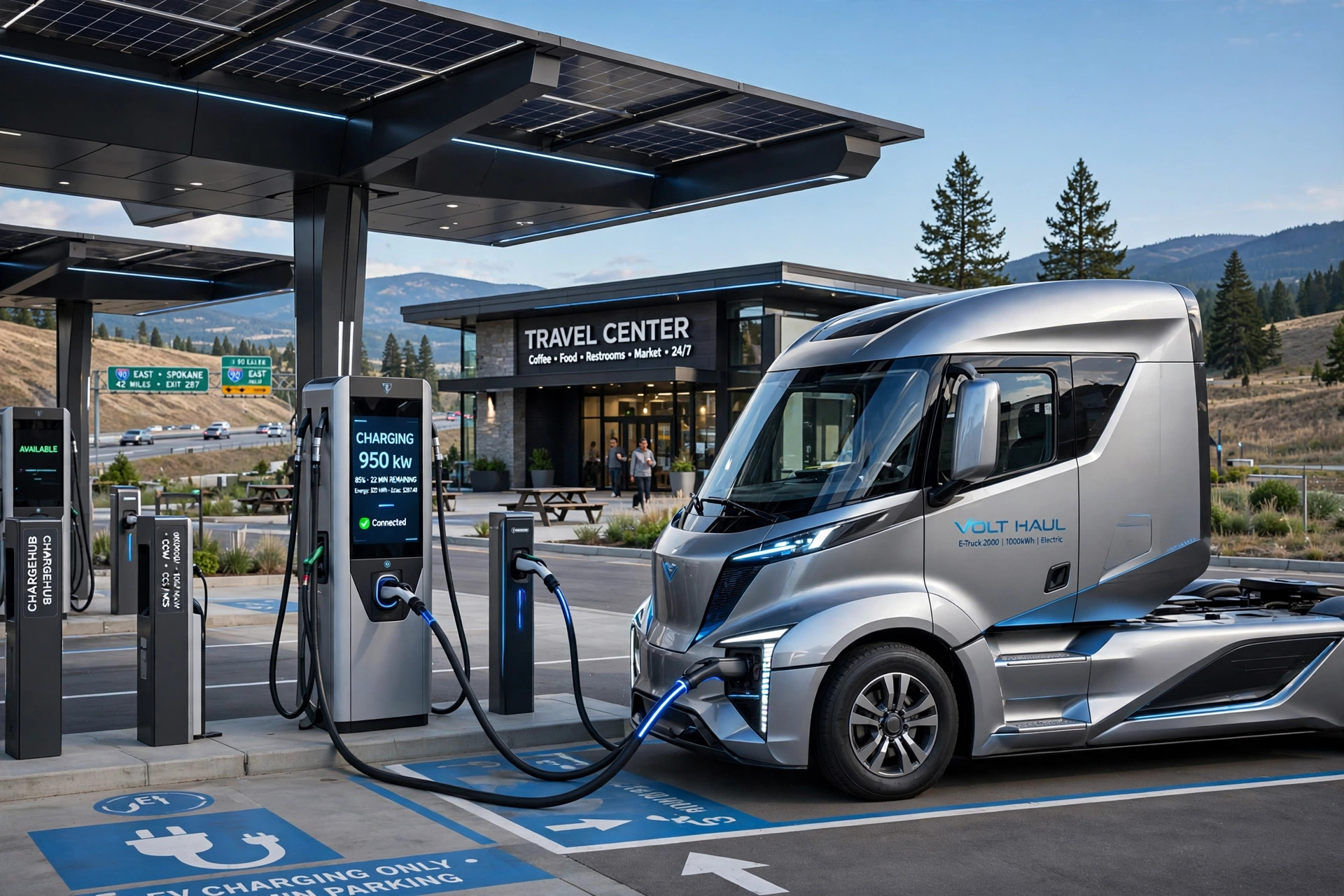 An electric semi truck charging at a Tesla Megacharger station at a highway travel center