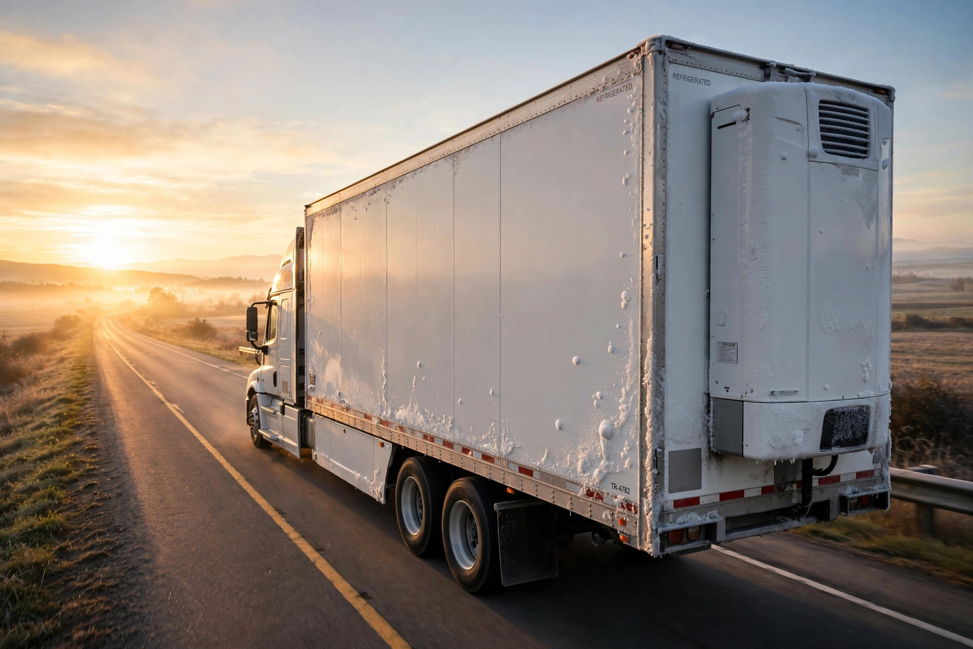 A refrigerated semi trailer driving on a highway at sunrise with frost on the trailer