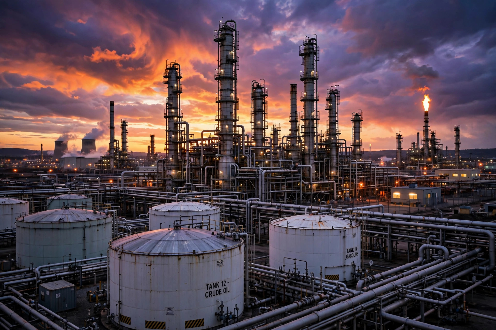 An oil refinery at dusk with storage tanks and a rising price chart symbolizing crude oil prices