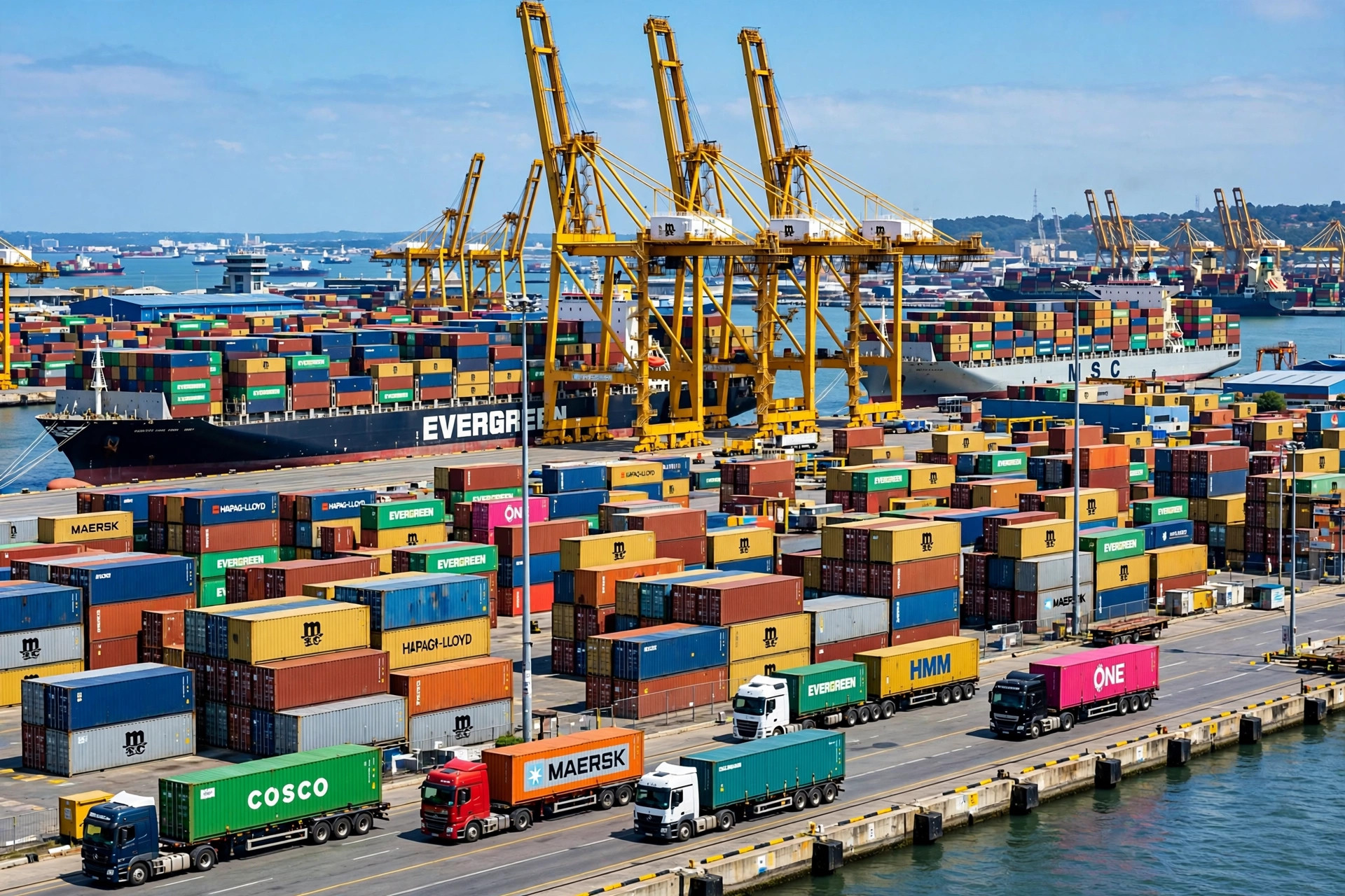 Container ships and cranes at the Port of Savannah with semi trucks hauling containers
