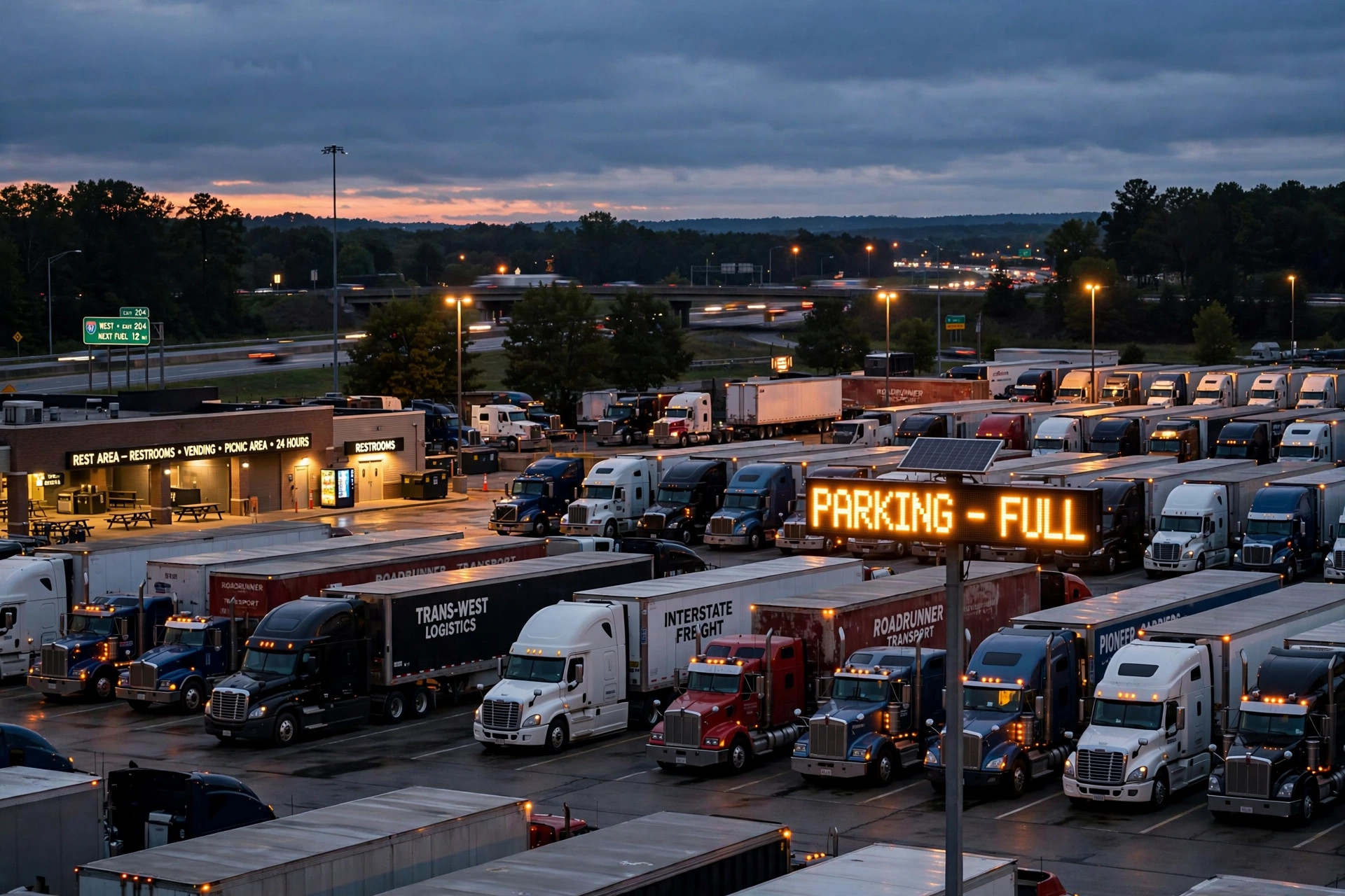 Semi trucks parked overnight in a crowded highway rest area with a full parking sign
