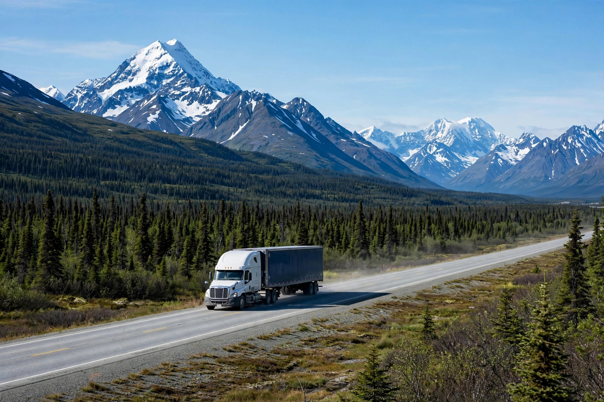 A semi truck on an Alaska highway with snow-capped mountains in the distance
