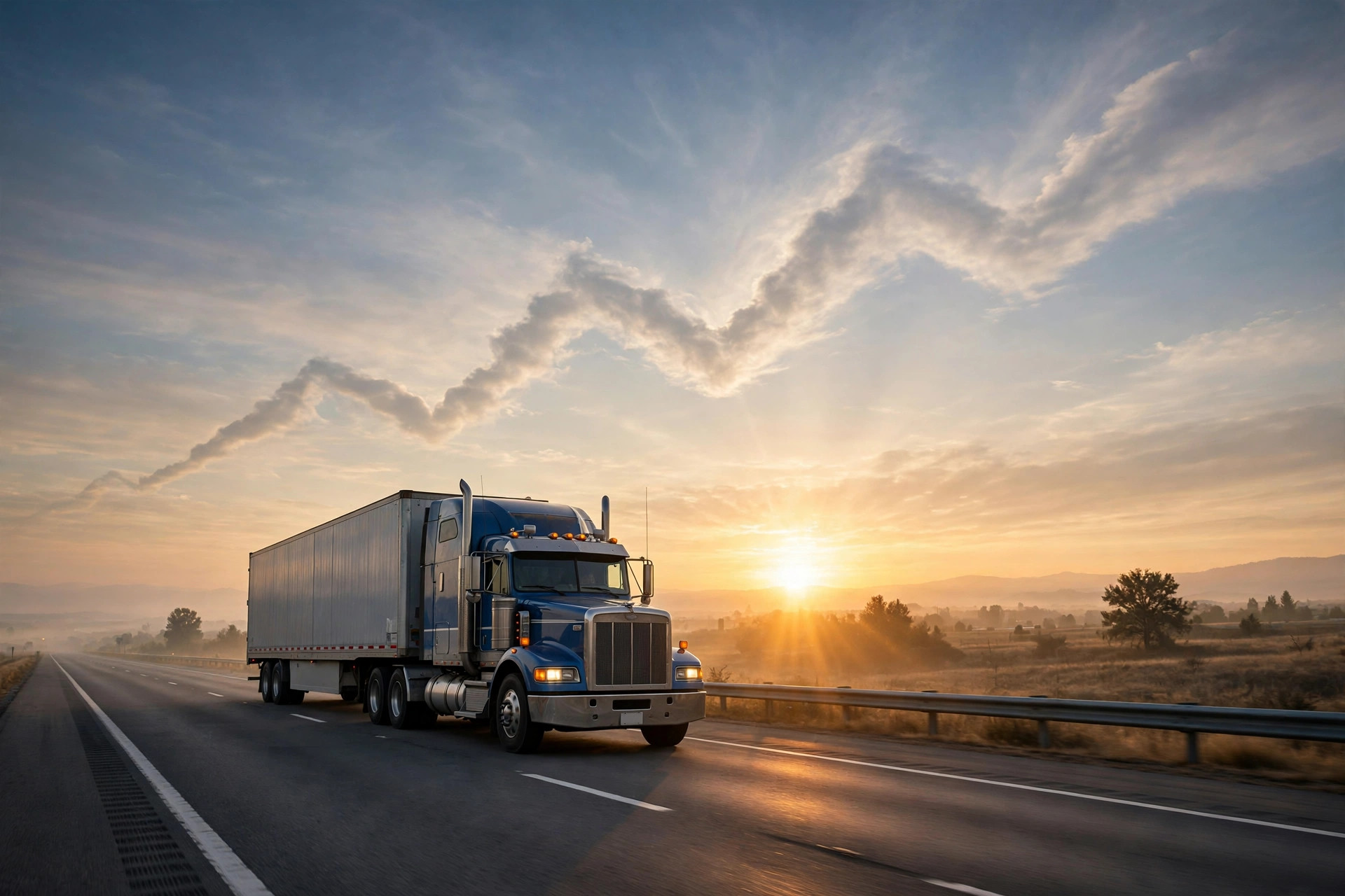 A semi truck driving into a sunrise with rising freight-rate chart lines