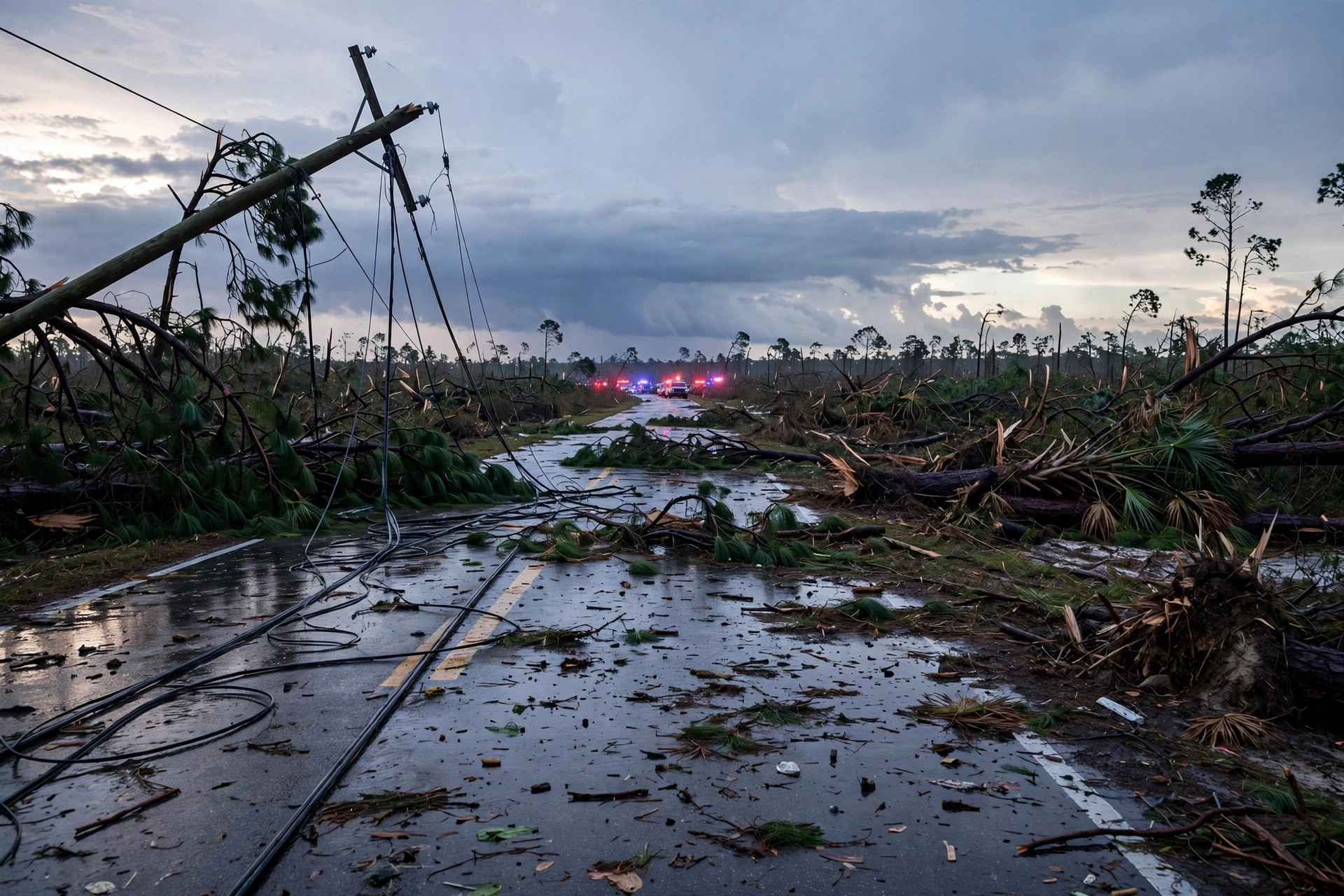 Storm damage with downed power lines and debris along a Florida Panhandle road at dawn after Hurricane Isaias