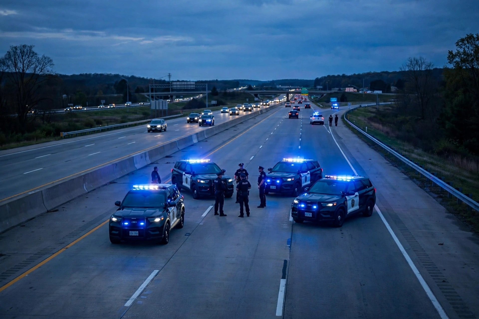 State police cruisers with flashing lights conducting a highway enforcement operation