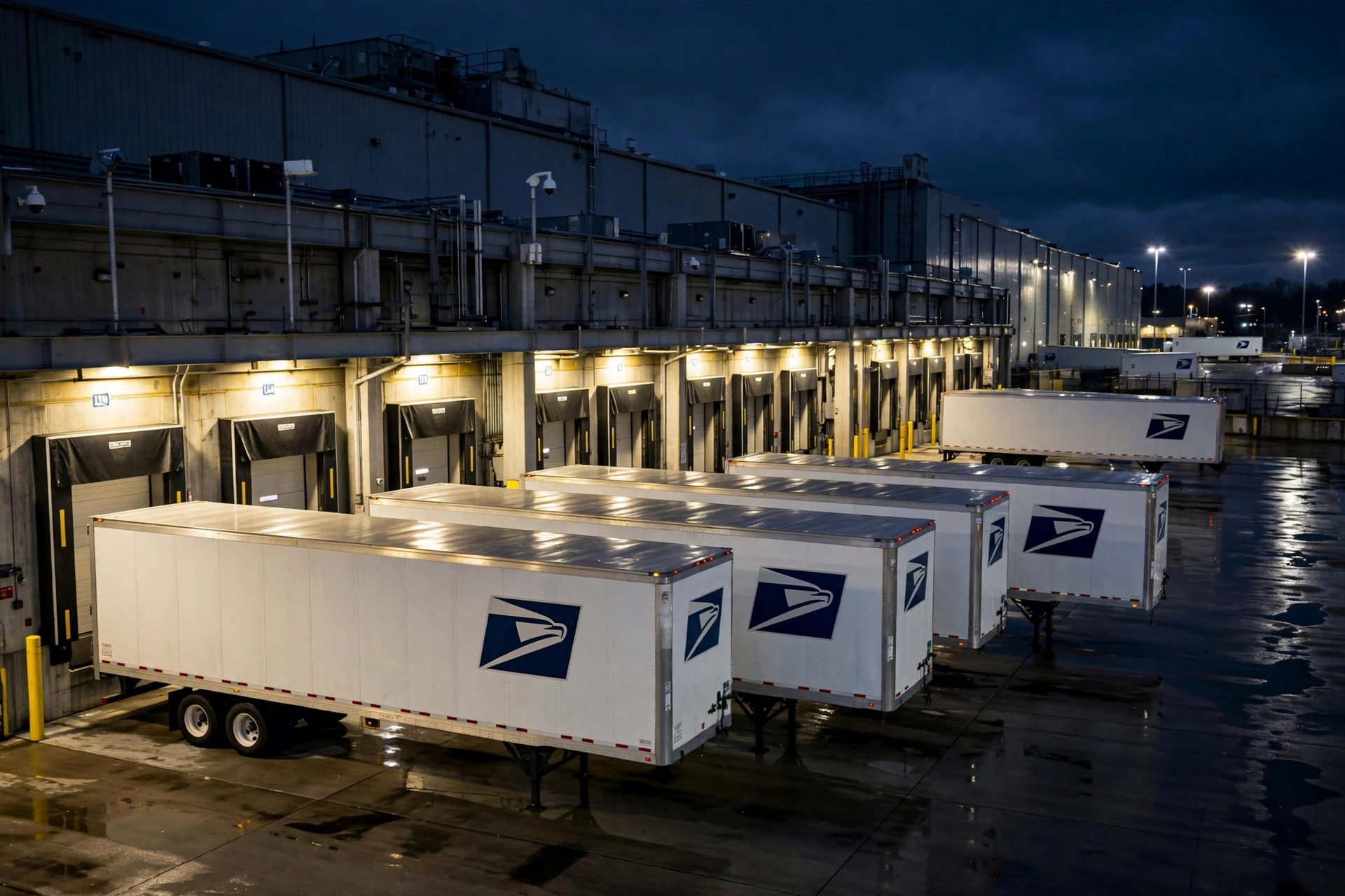 Mail trailers at a USPS distribution facility