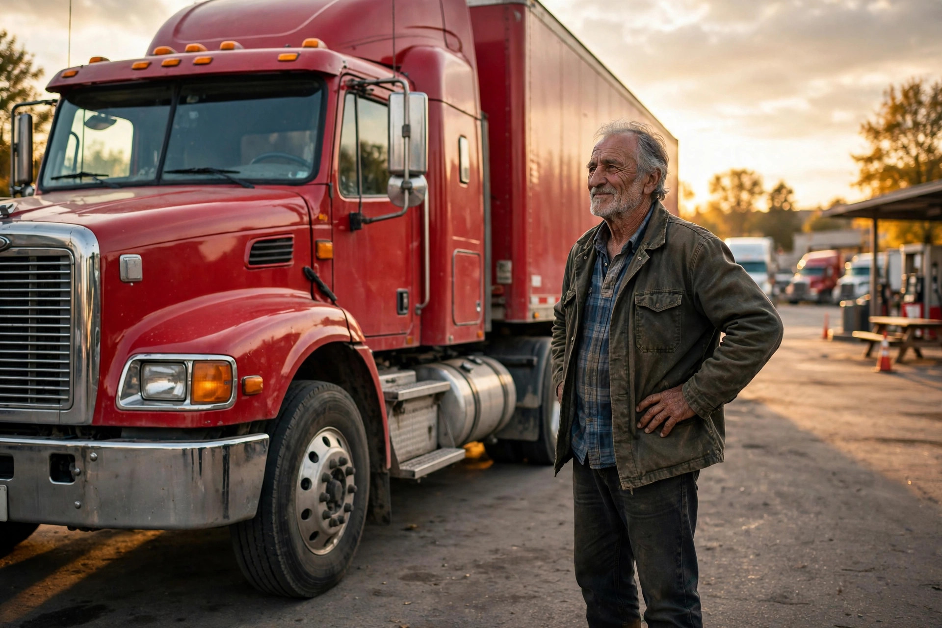An experienced older truck driver standing beside his semi truck at a truck stop
