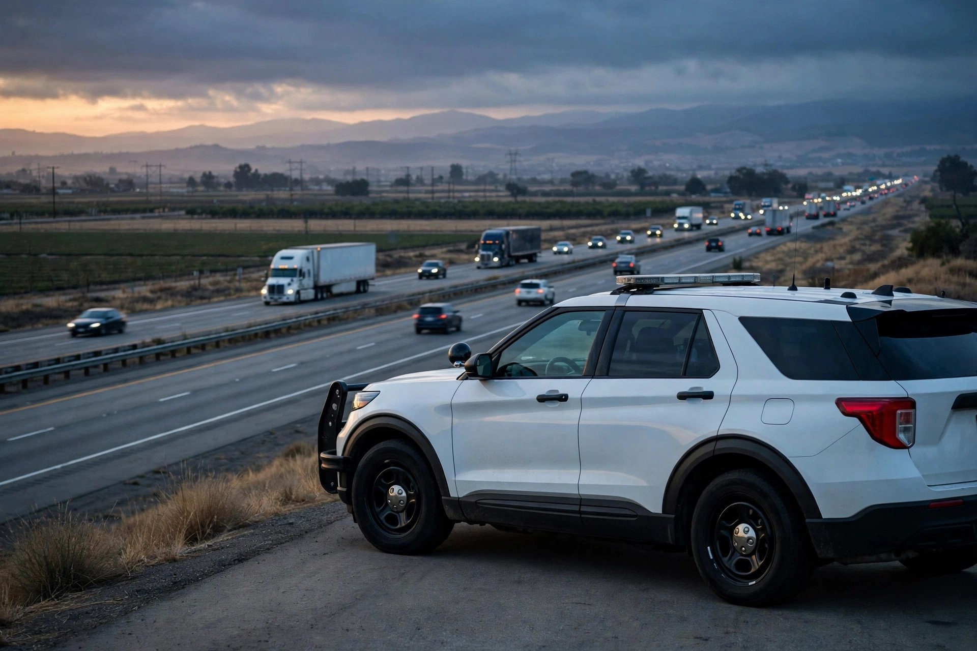 A California Highway Patrol cruiser on a Central Valley highway at dusk