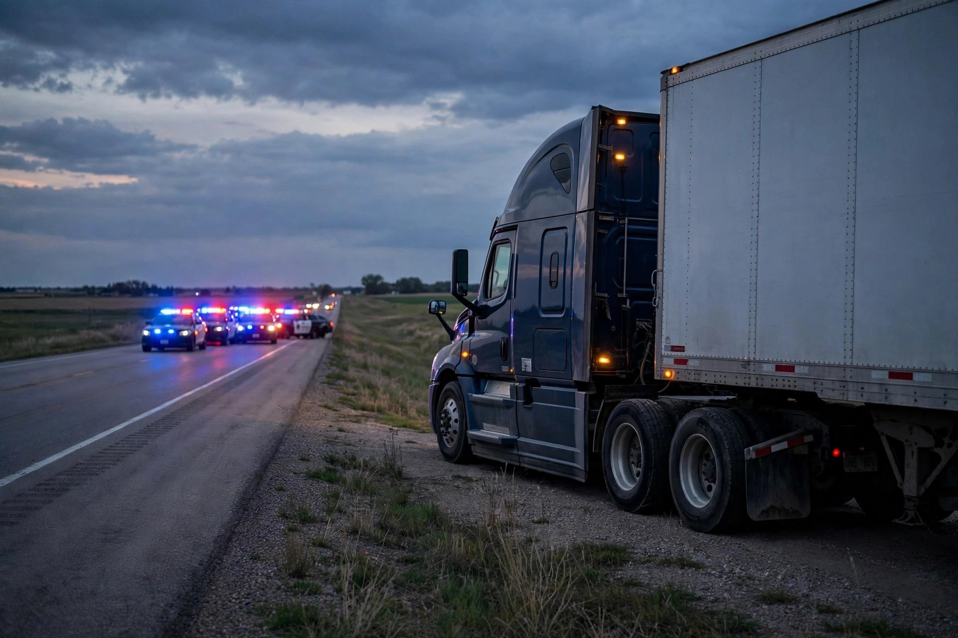 A Nebraska highway patrol stop on Interstate 80 with a semi truck pulled over