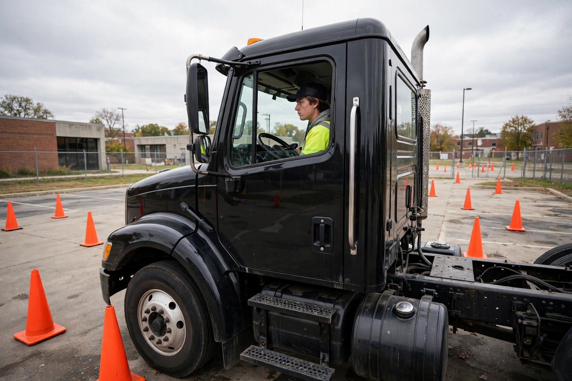 A student truck driver practicing maneuvers at a community college CDL training yard