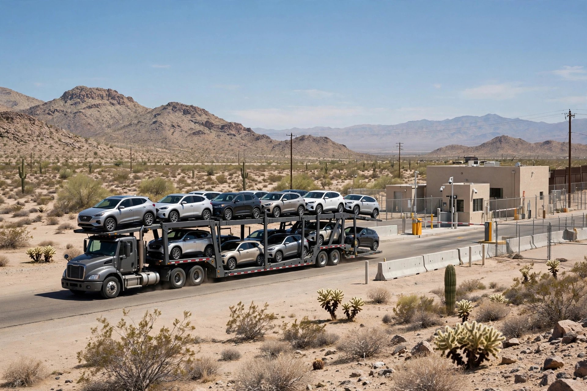Newly built vehicles loaded on an auto transport carrier at a border crossing