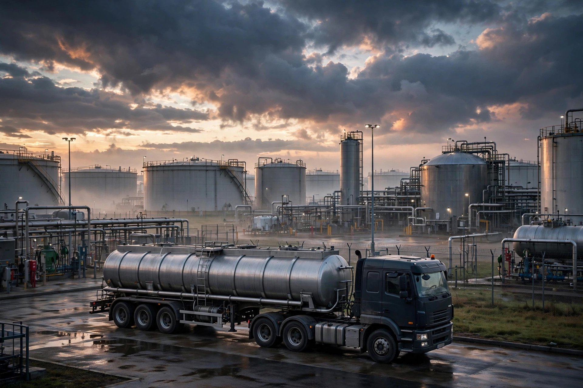 A diesel tanker truck at a fuel terminal with storage tanks at dawn