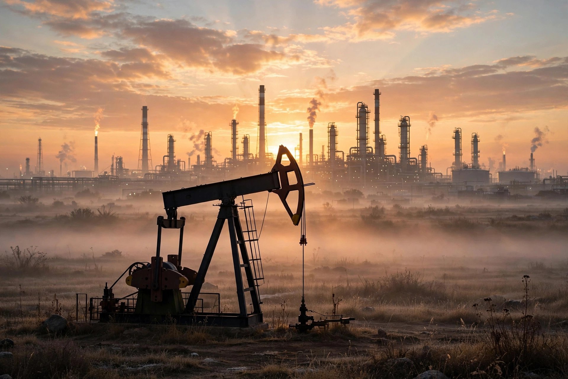 An oil pump jack at sunrise with fuel price pressures in focus