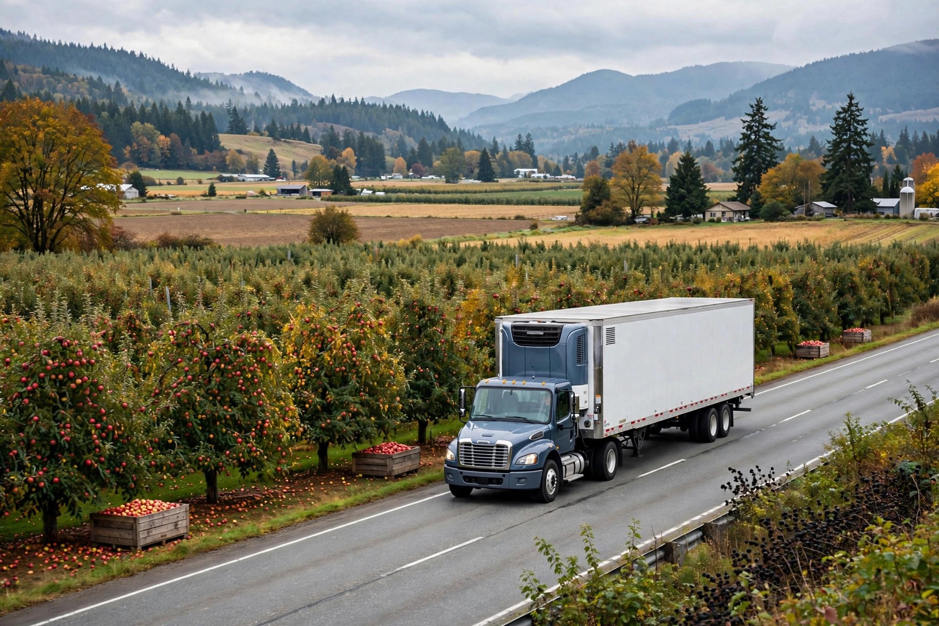 A refrigerated semi truck on a highway through Pacific Northwest farmland