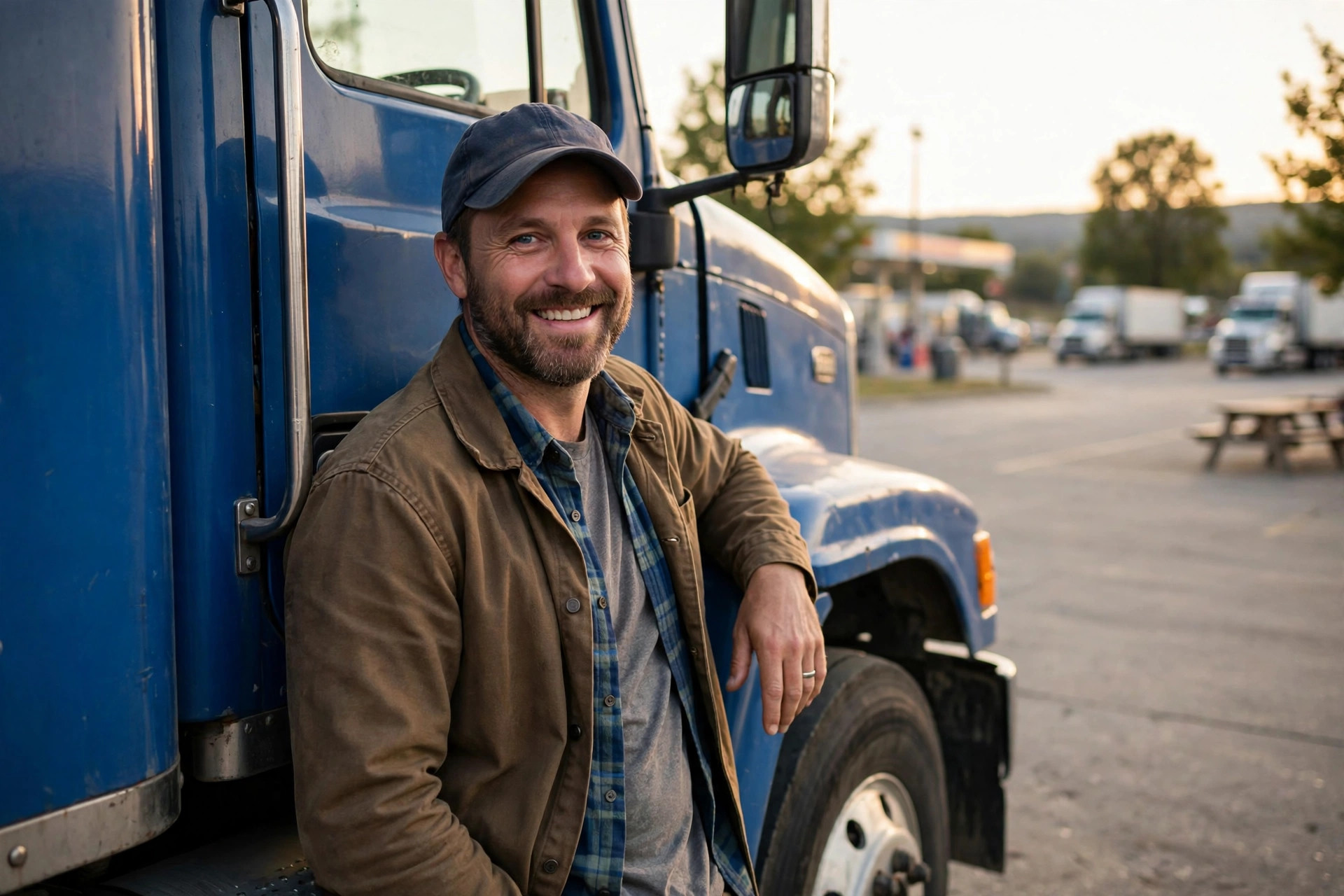 A smiling truck driver in a cap leaning against his blue semi truck at a truck stop
