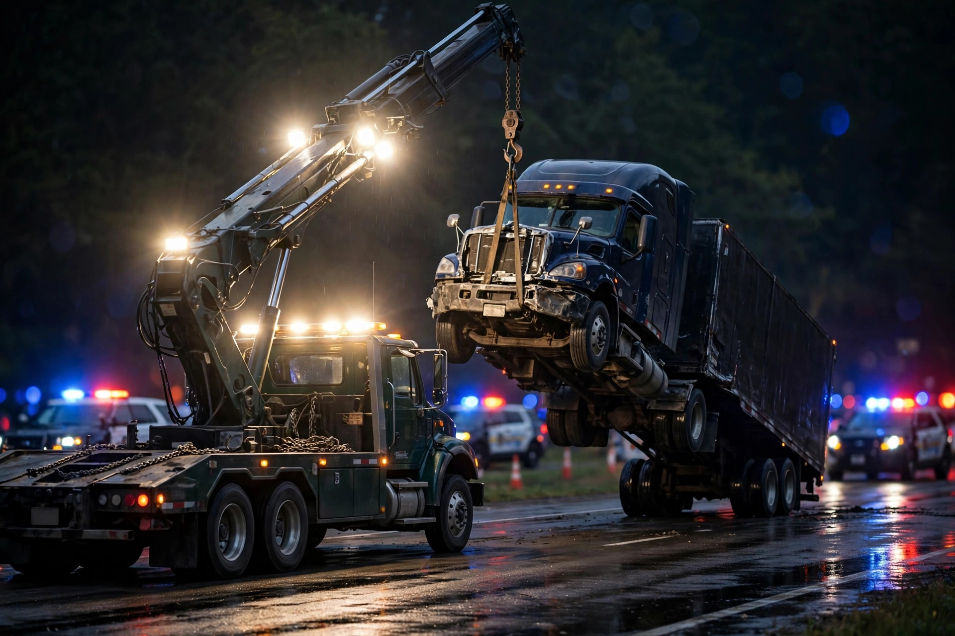 A heavy tow truck lifting a semi truck at night with police lights blurred behind