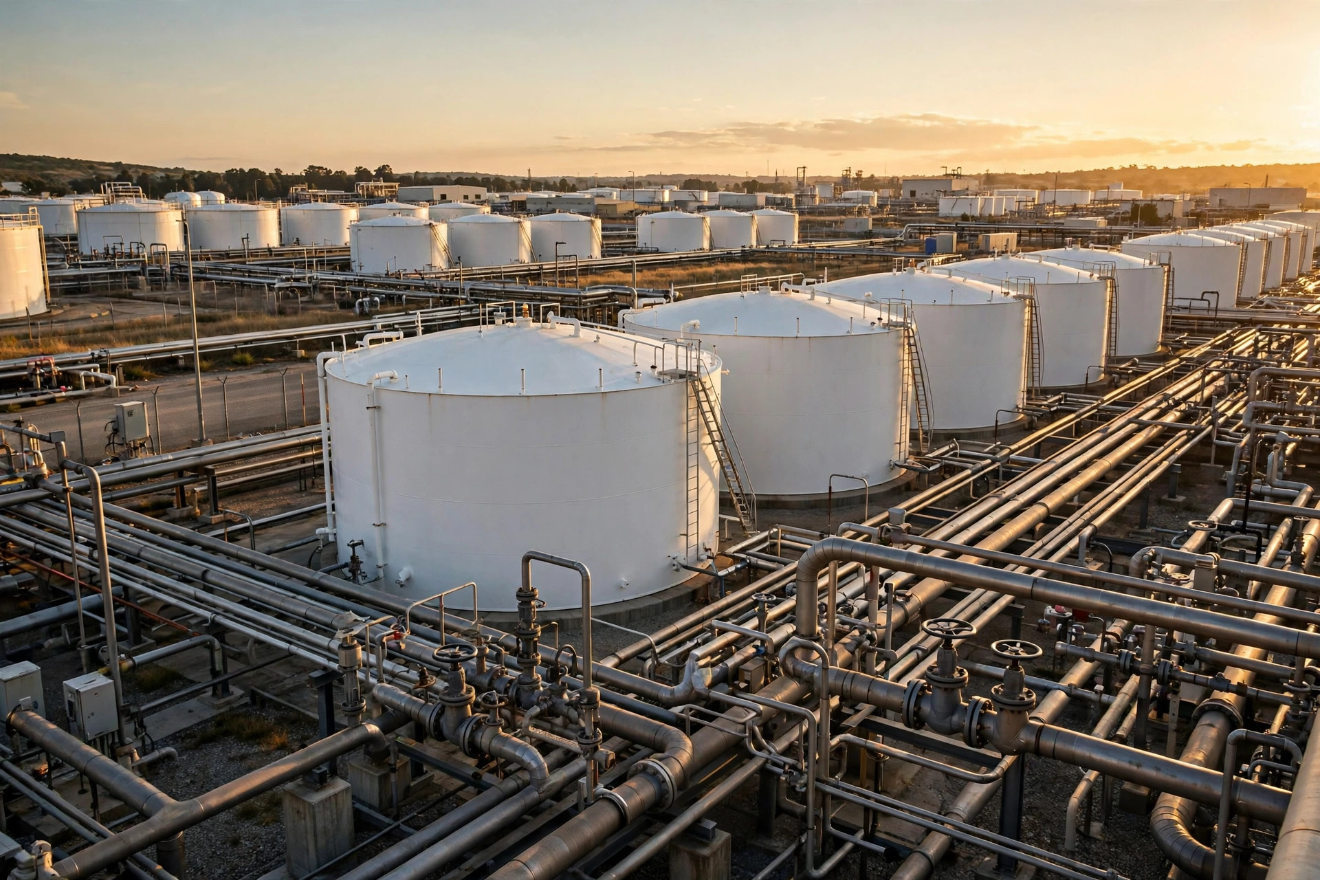 Rows of large white crude oil storage tanks at a petroleum reserve facility