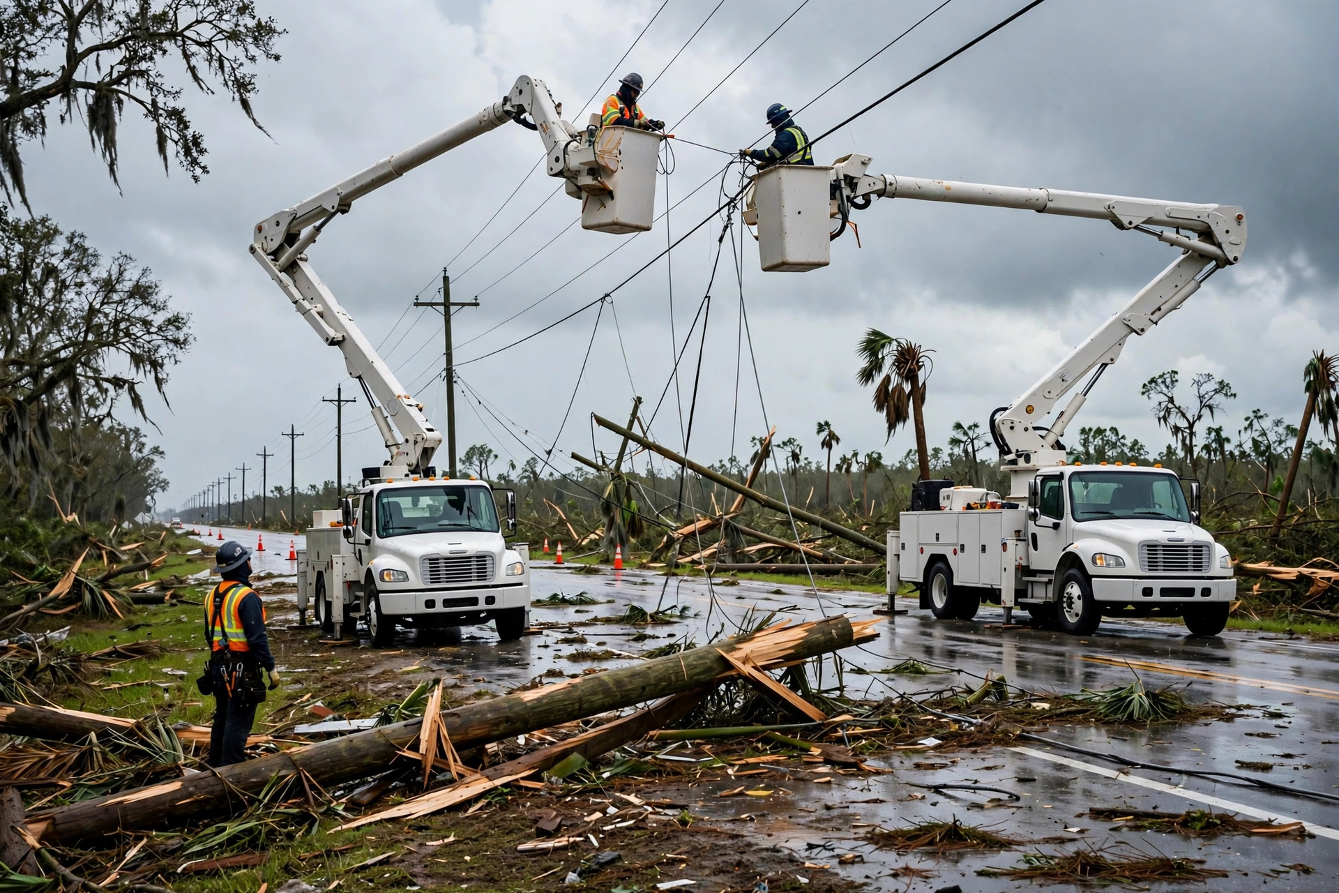 Utility lineworkers in bucket trucks restoring power lines along a Florida highway after a hurricane