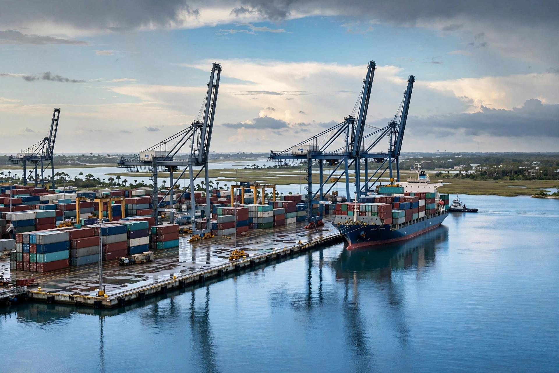 A Gulf Coast container port with cranes under clearing skies after a storm