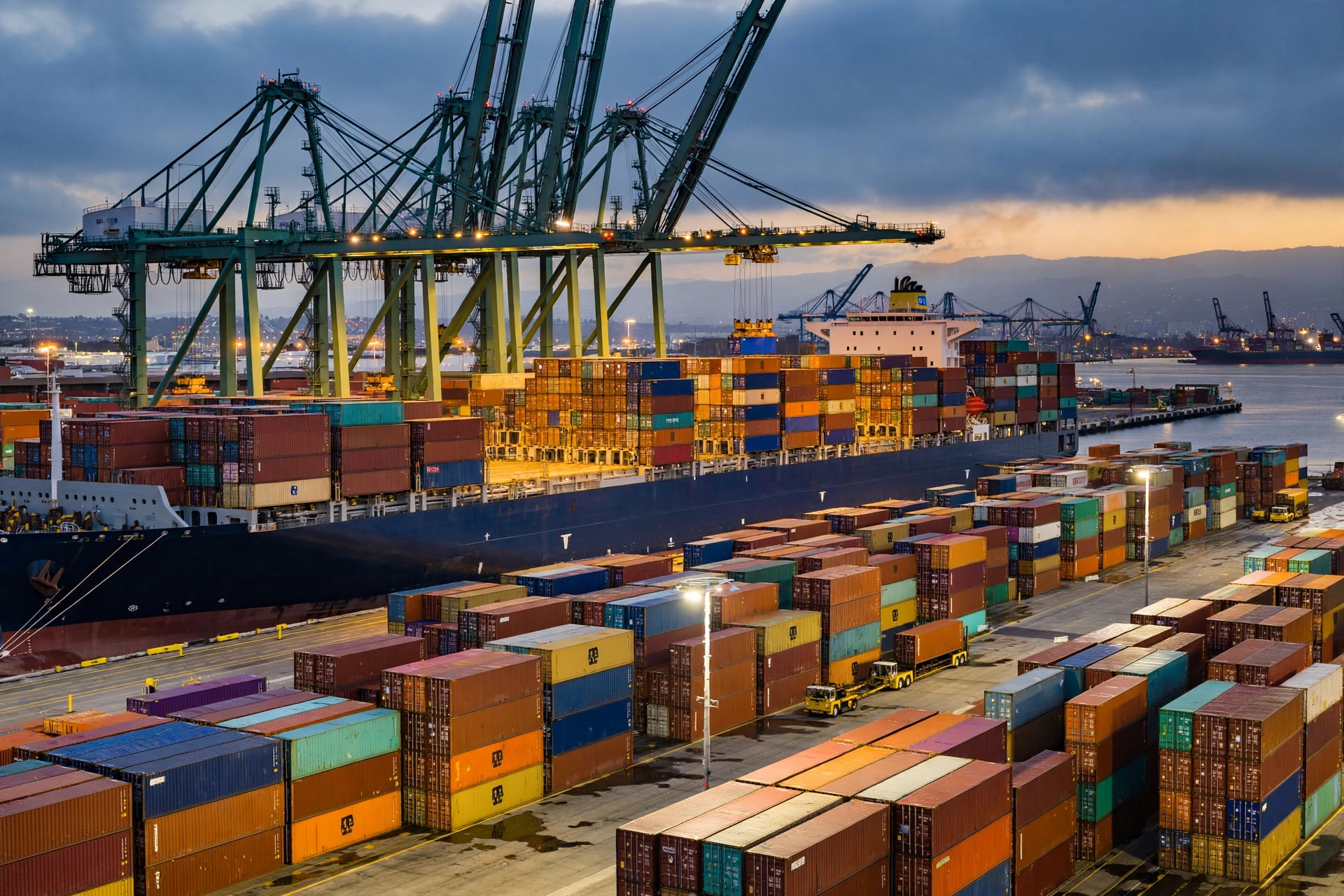 A container ship being unloaded by gantry cranes at the Port of Los Angeles at dusk