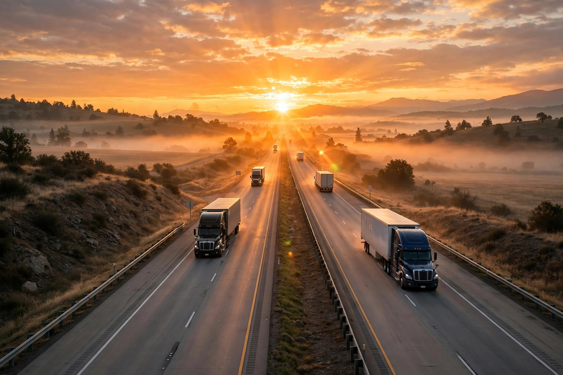 Sunrise over an interstate highway with semi trucks driving into the morning light