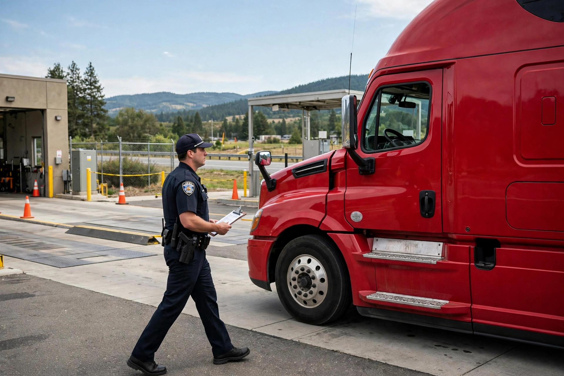 A semi truck stopped at a highway weigh station inspection area with an officer holding a clipboard