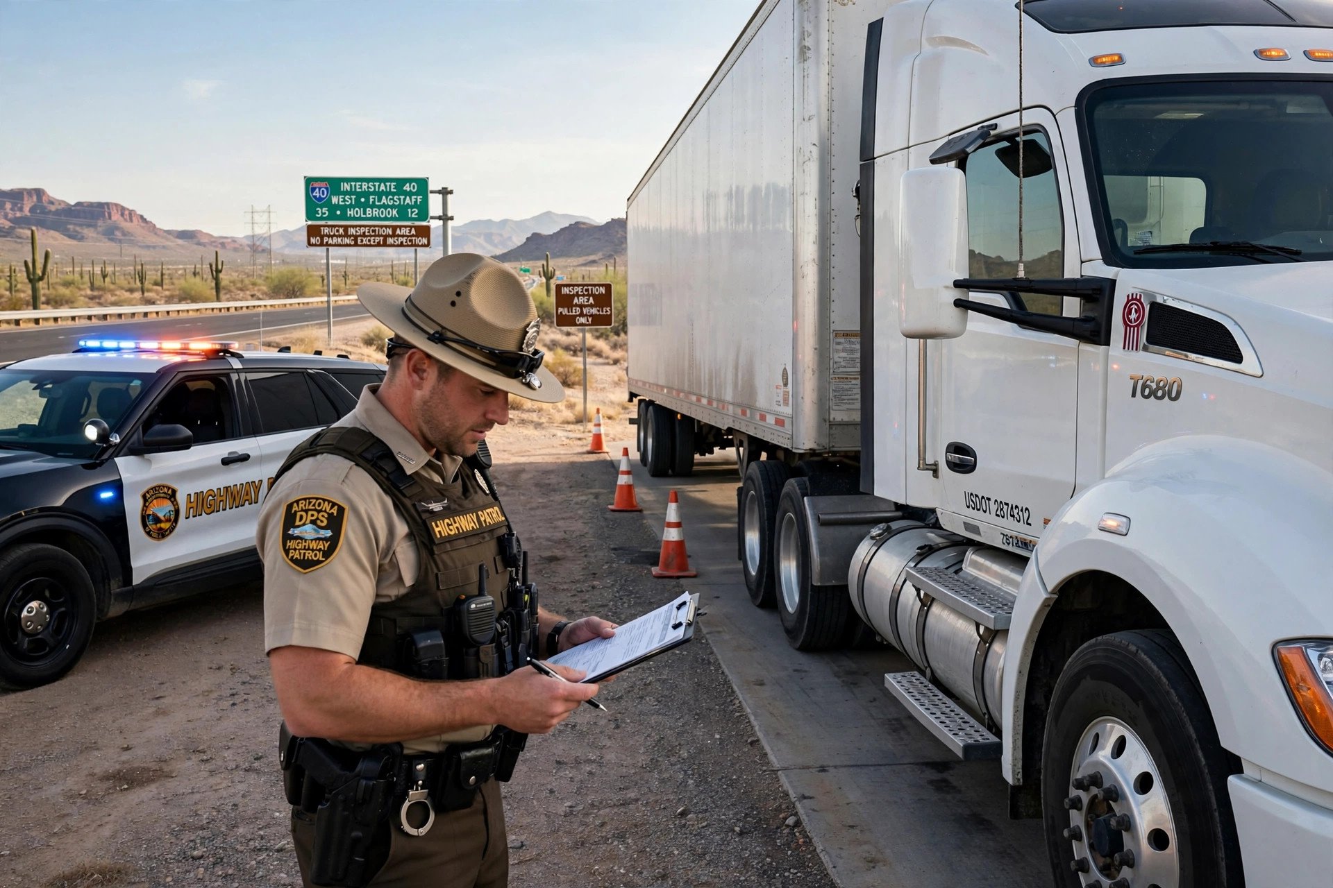 A highway patrol trooper inspecting a semi truck at a roadside inspection area on Interstate 40 in Arizona