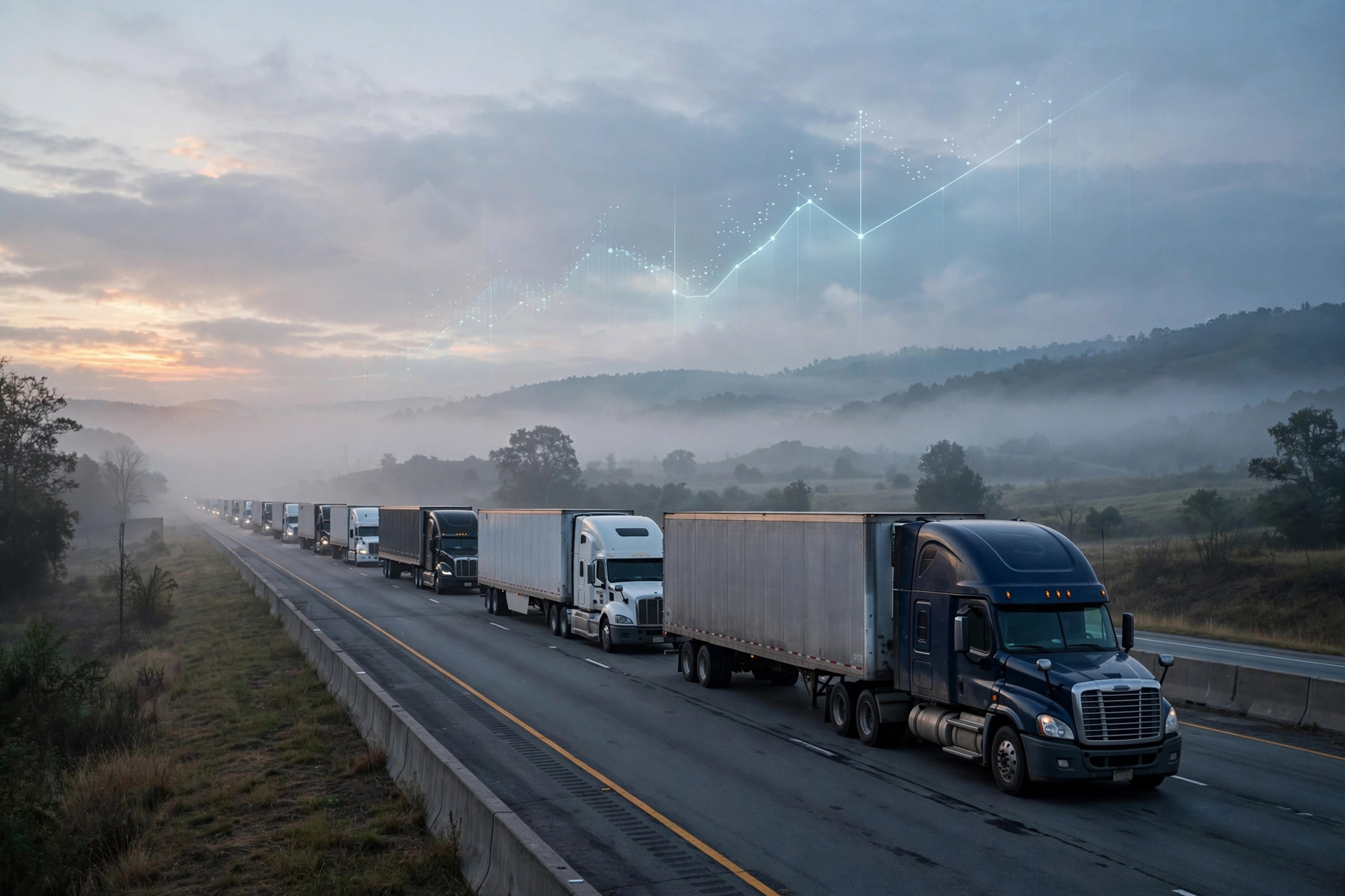 Semi trucks running an interstate at dawn as freight rates climb