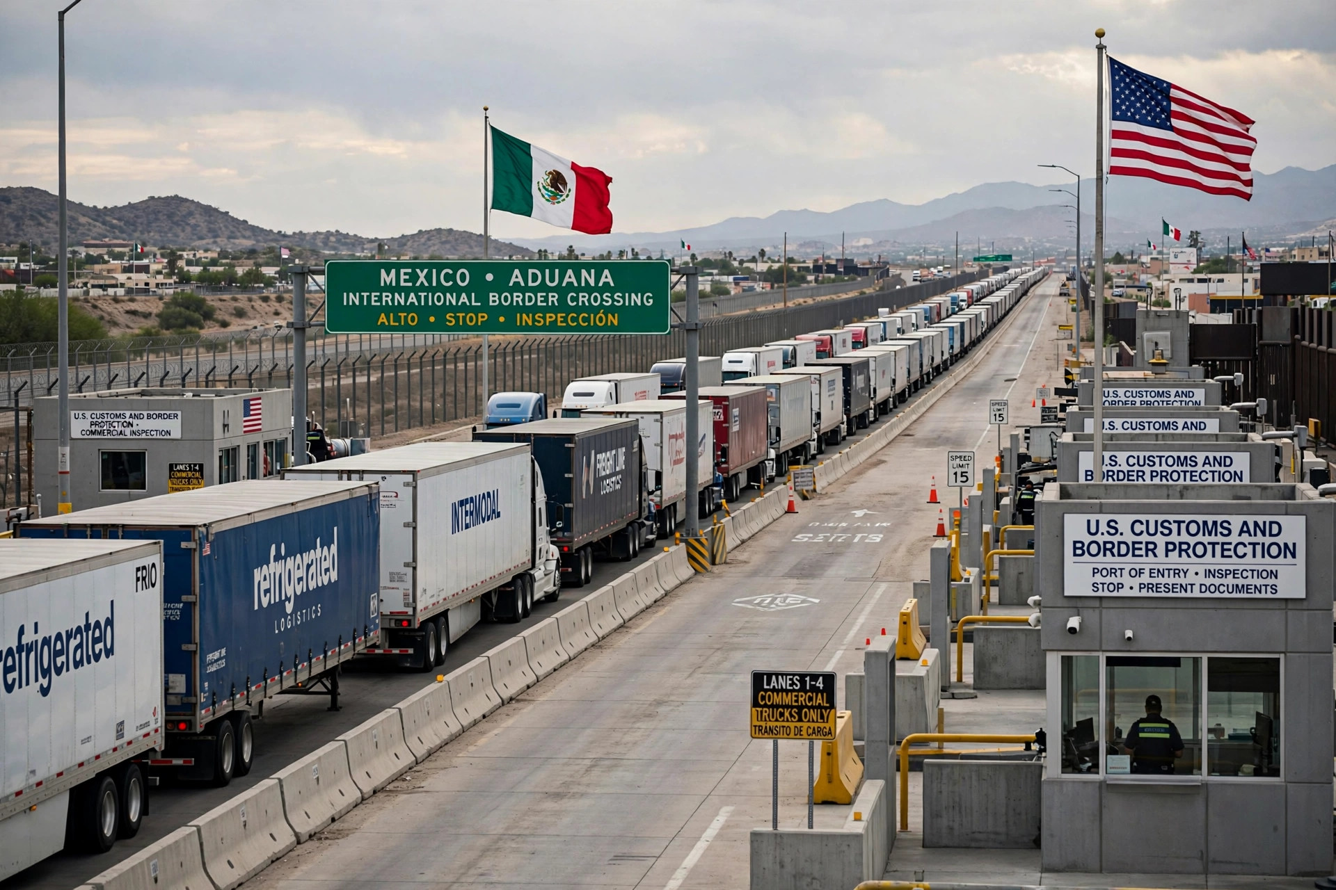 Semi trucks lined up at a U.S.-Mexico border crossing with inspection booths and flags