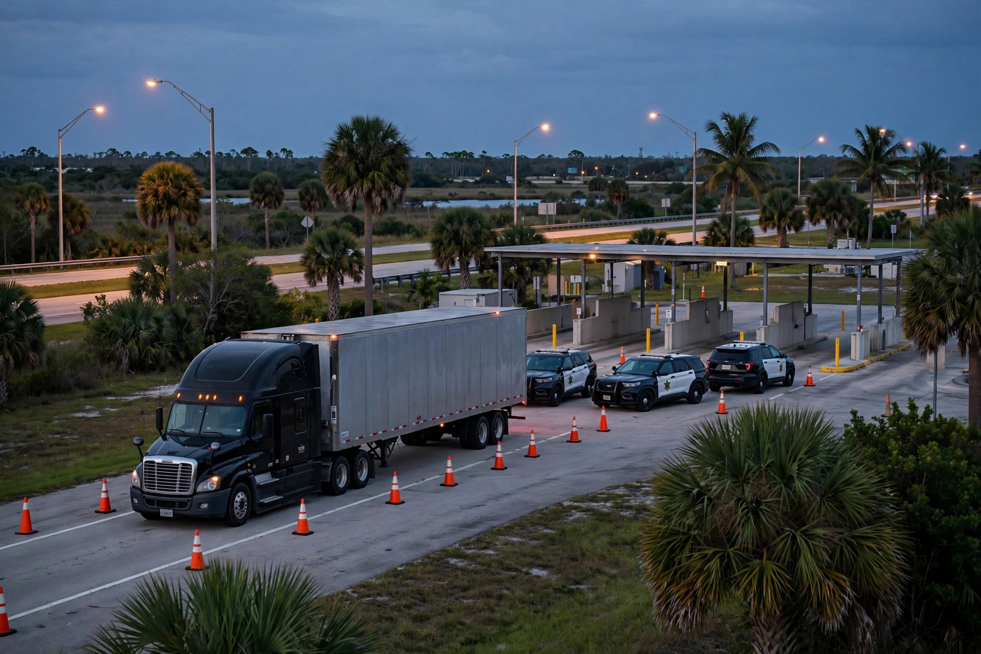 A semi truck stopped at a Florida highway inspection area at dusk with sheriff vehicles nearby