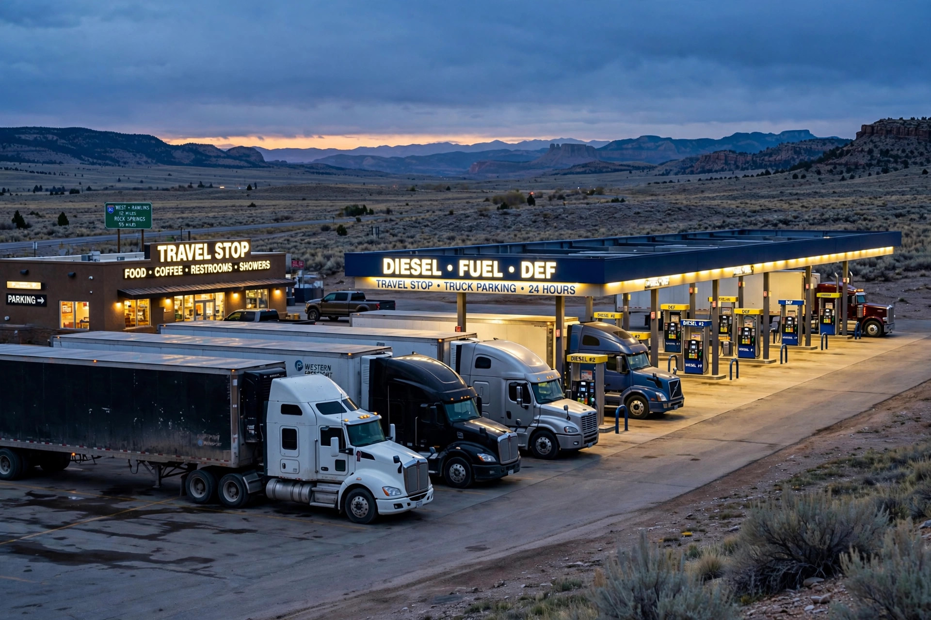 A Love's travel stop at dusk with semi trucks parked in a row and fuel canopies lit