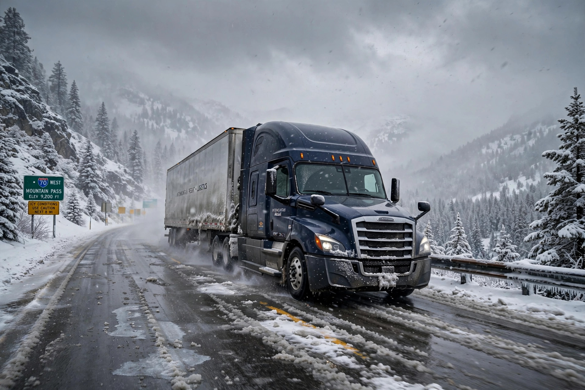 A semi truck driving through snow and ice on a mountain interstate pass with snow-covered pines