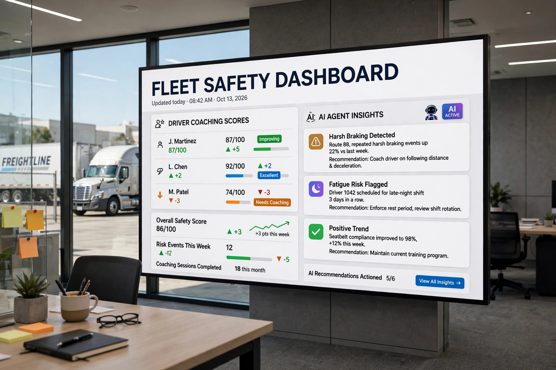 A fleet safety dashboard on a screen showing driver coaching scores and AI agent insights beside a semi truck