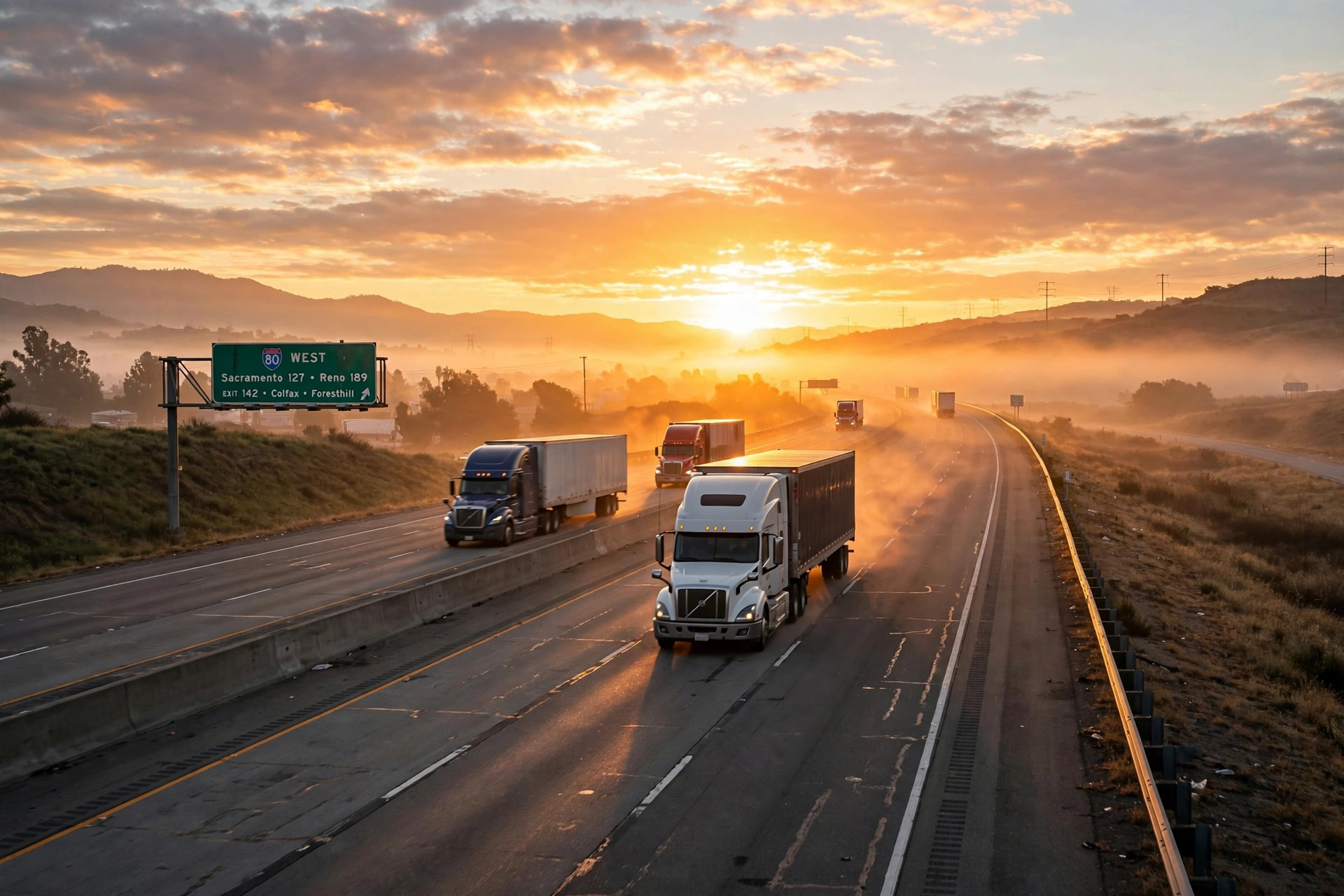 Sunrise over an interstate highway with semi trucks driving into the morning light