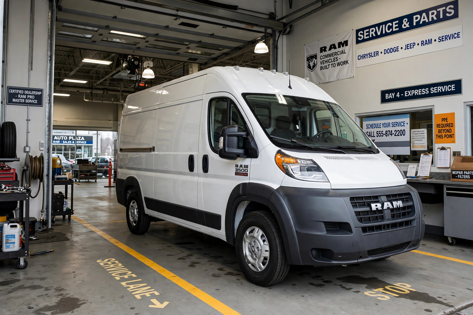 A white Ram ProMaster cargo van parked at a dealership service bay
