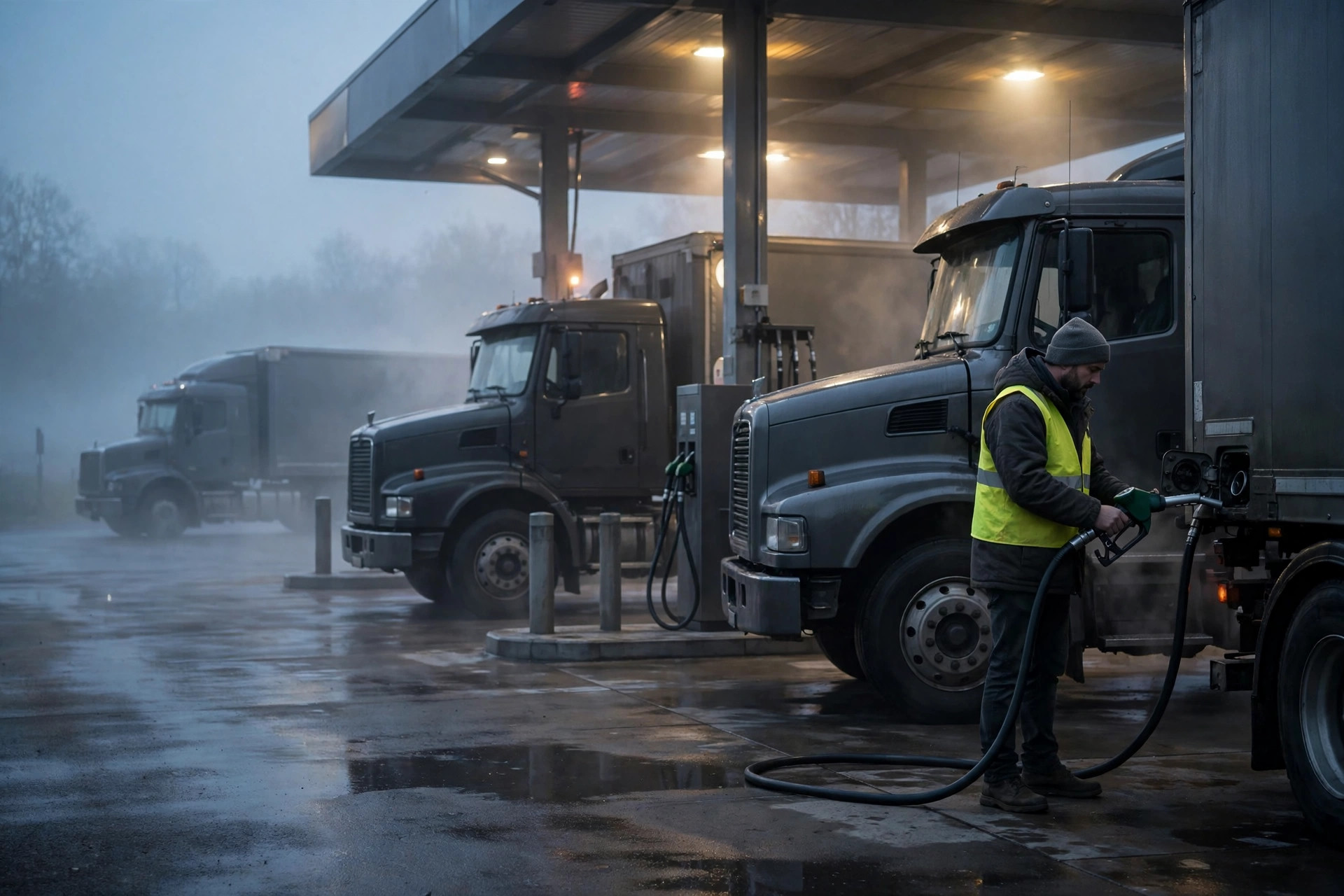 Semi trucks at a fuel island at dawn with diesel prices climbing on a sign