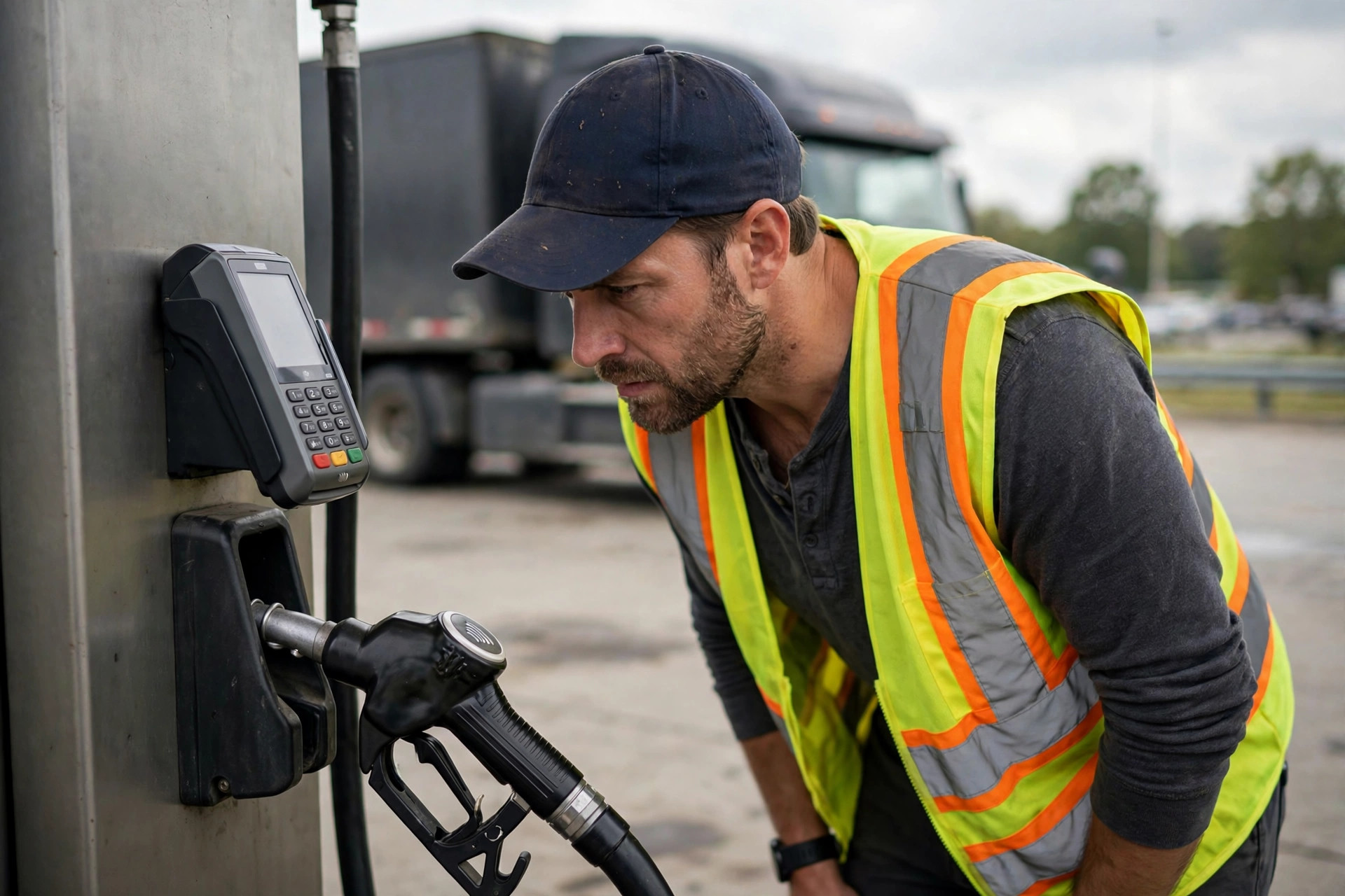 A truck driver inspecting a diesel fuel pump card reader closely before paying