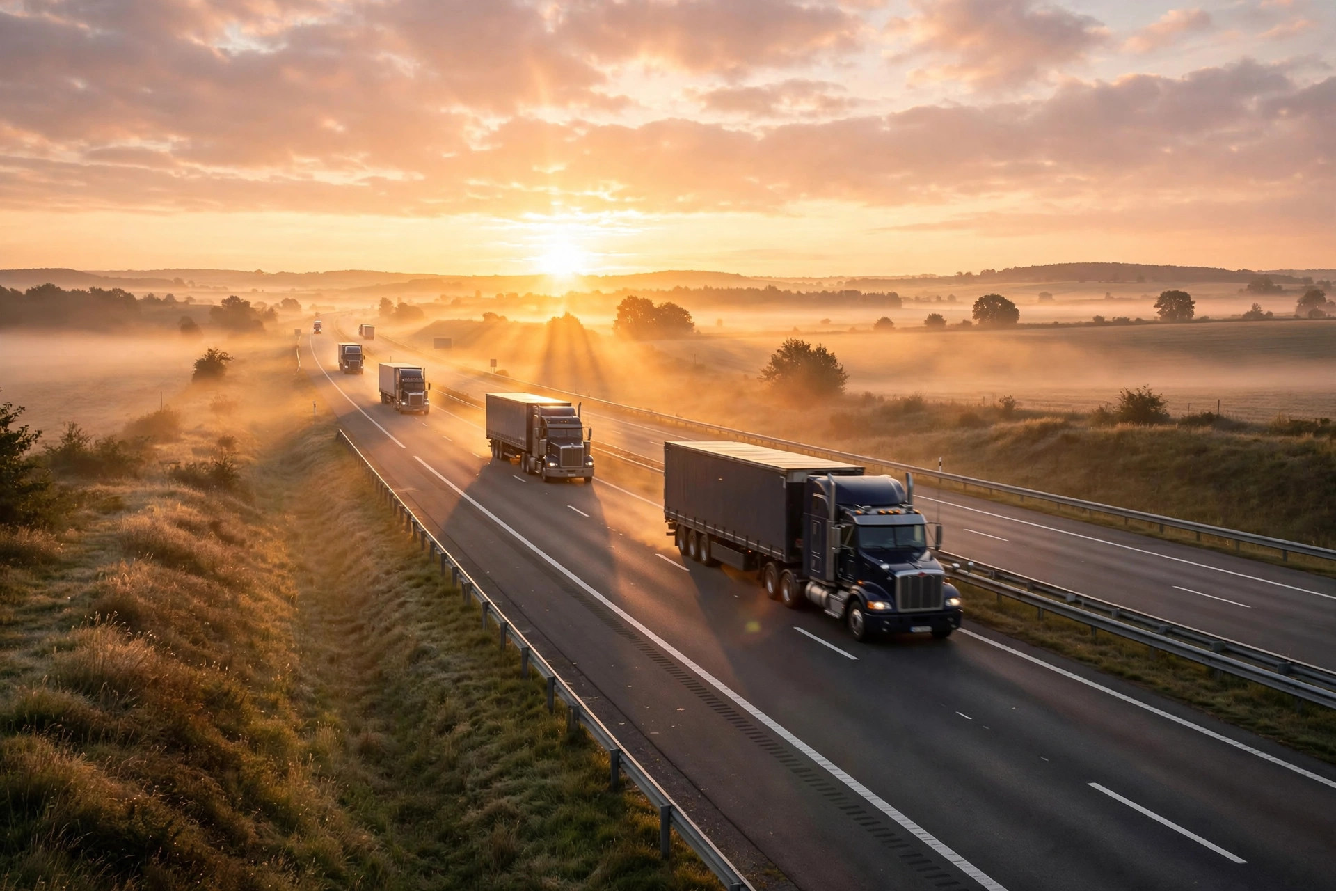 Sunrise over an interstate highway with semi trucks driving into the morning light