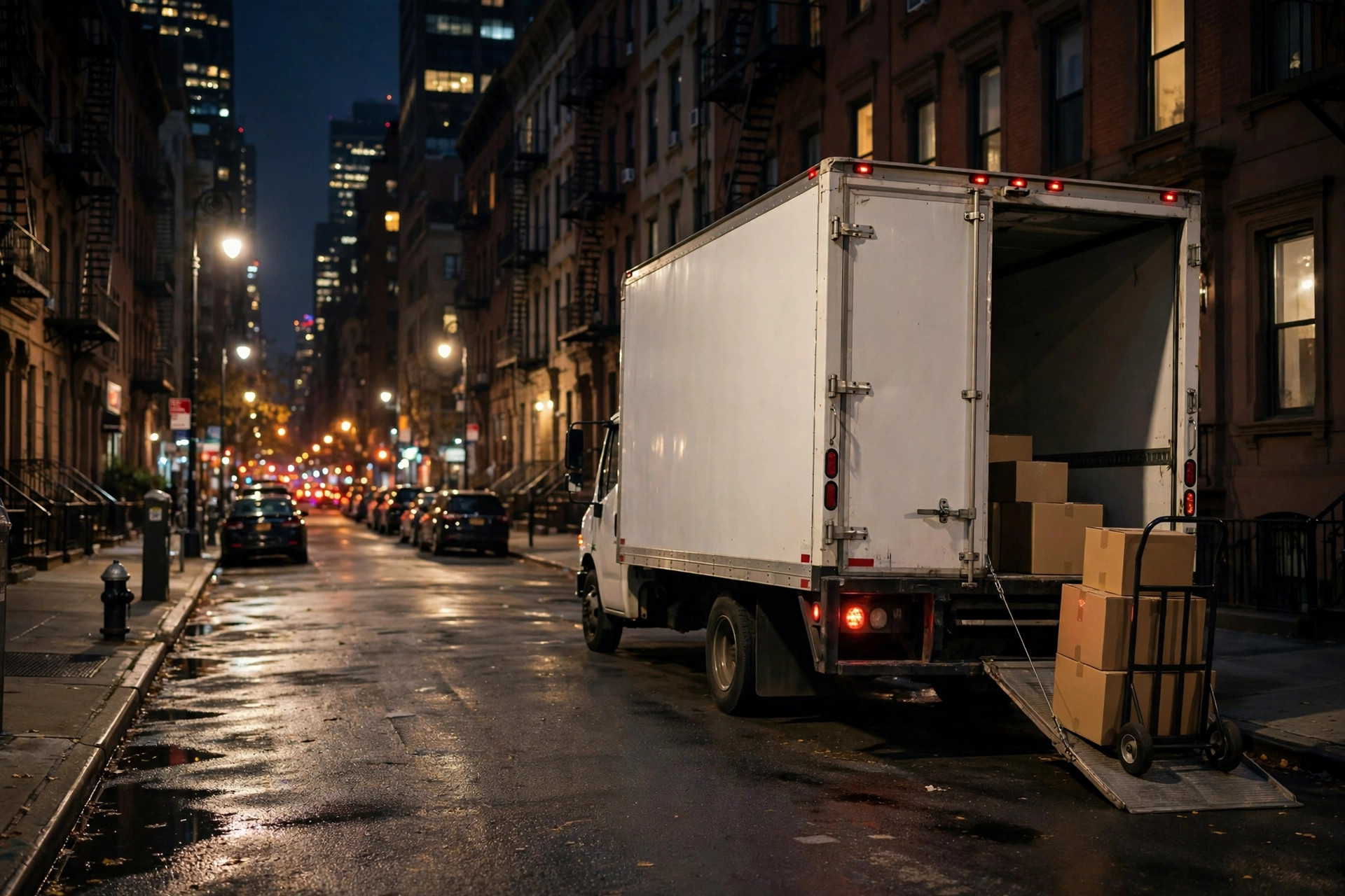 A delivery truck making an overnight drop on a quiet New York City street