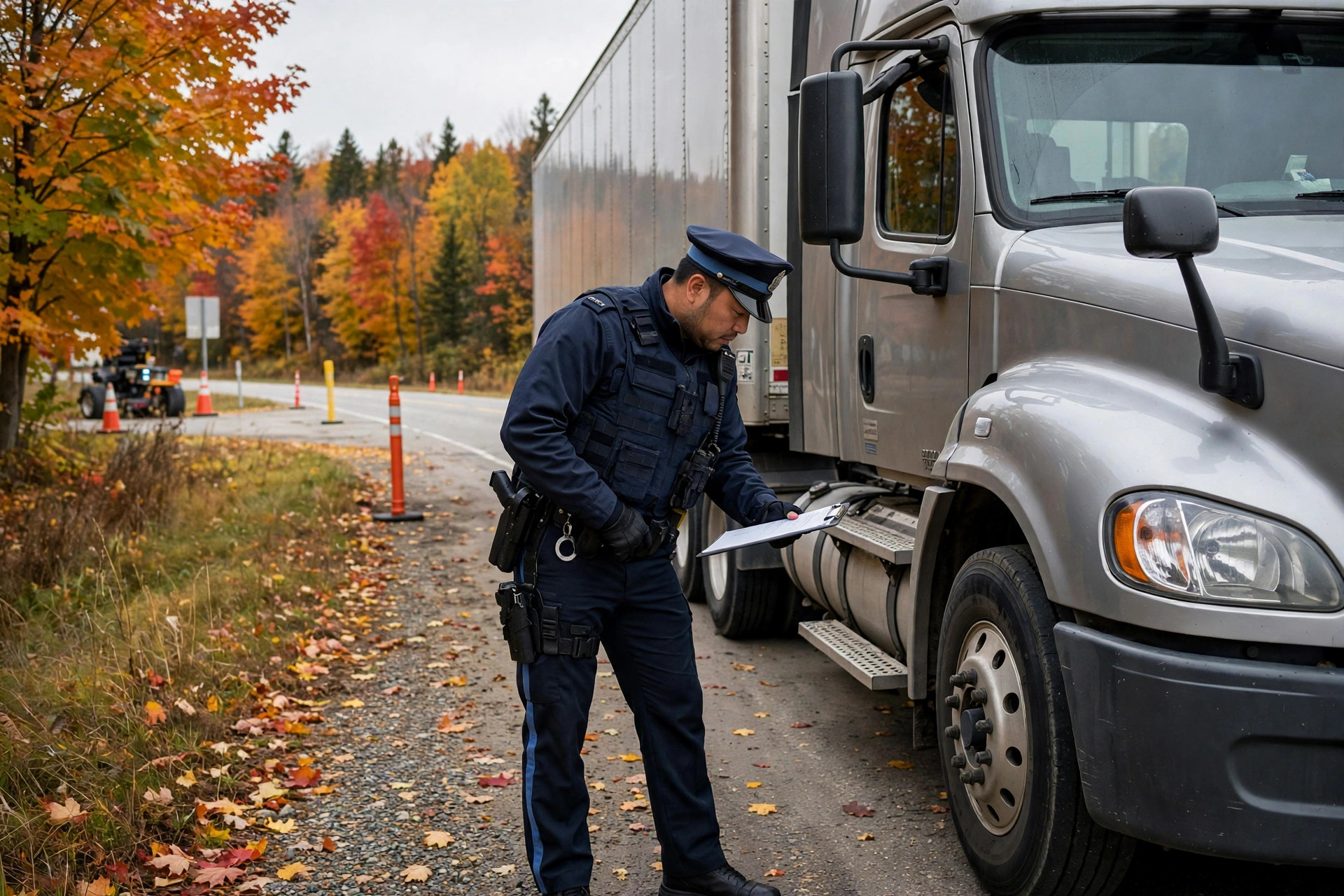 A provincial police officer inspecting a semi truck during a commercial vehicle enforcement blitz in Ontario