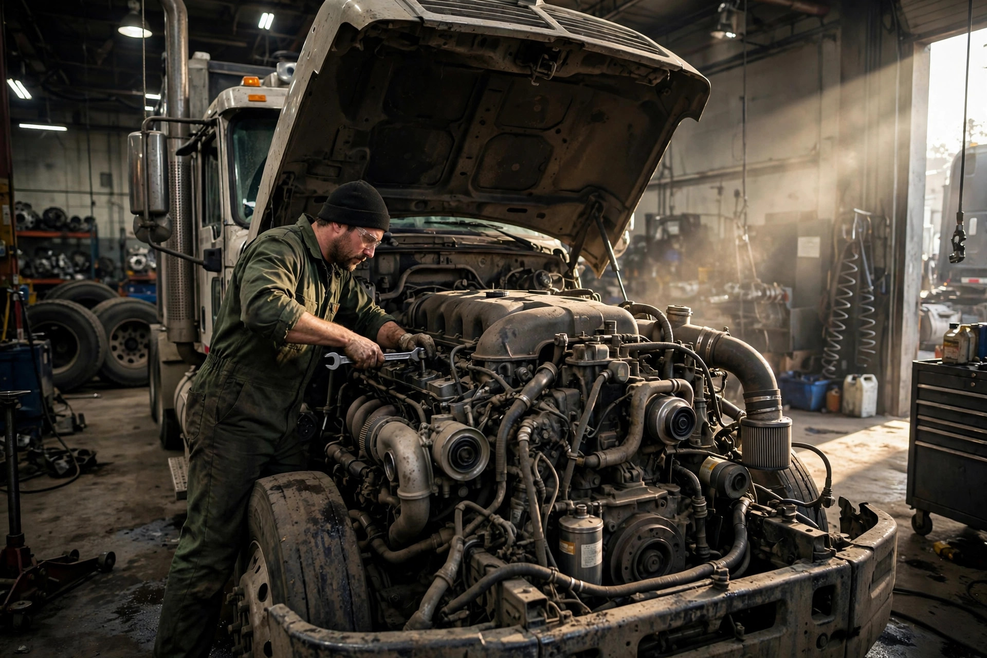 A Kenworth semi truck in a repair shop with its hood open for engine work